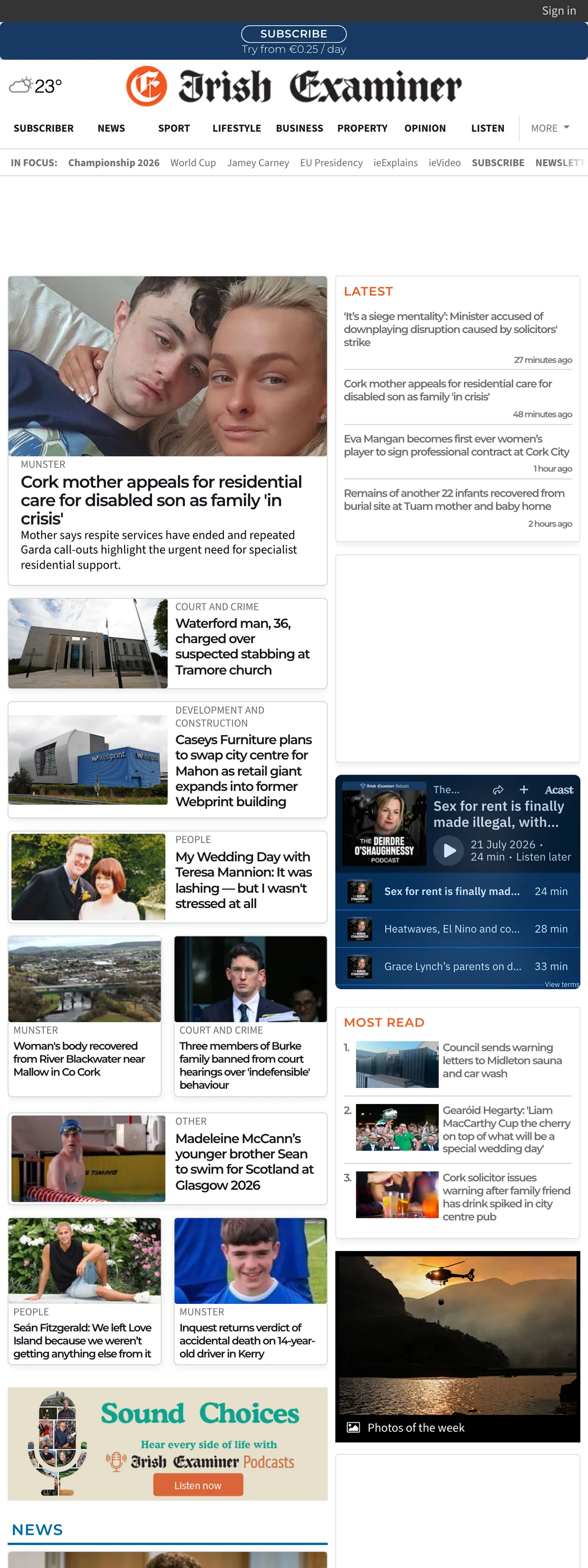 Screenshot of the Irish Examiner front page