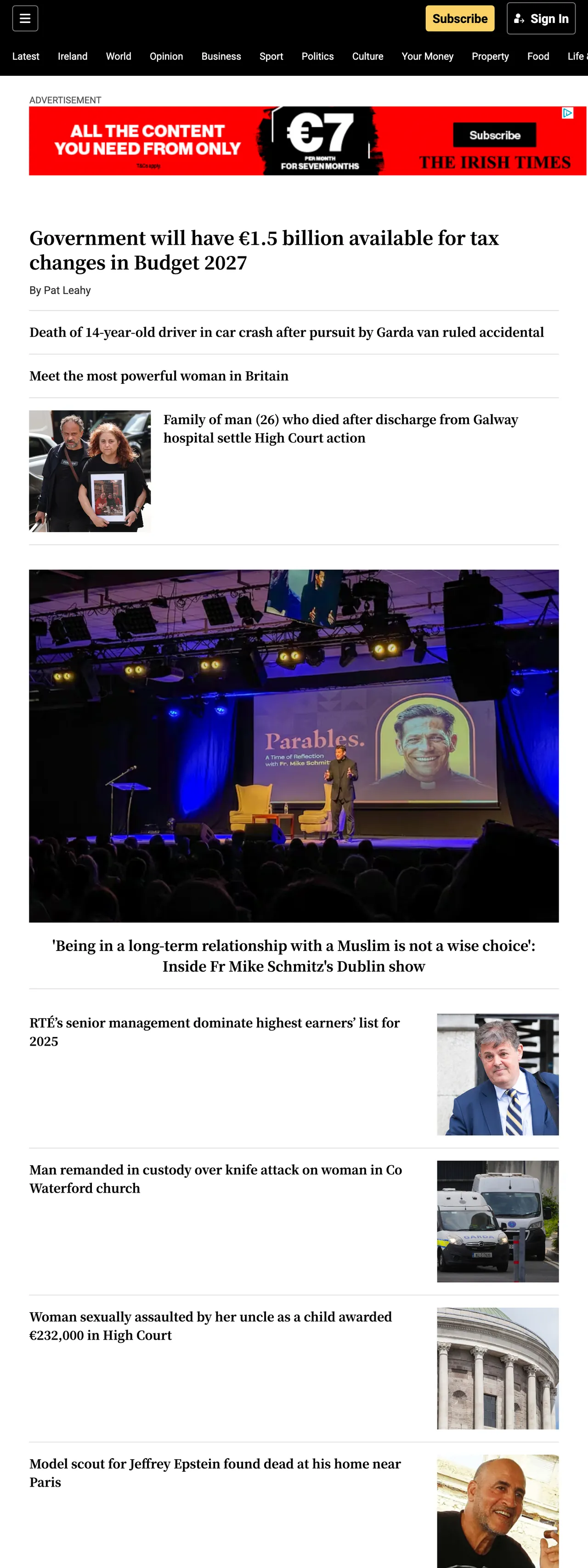 Screenshot of the The Irish Times front page
