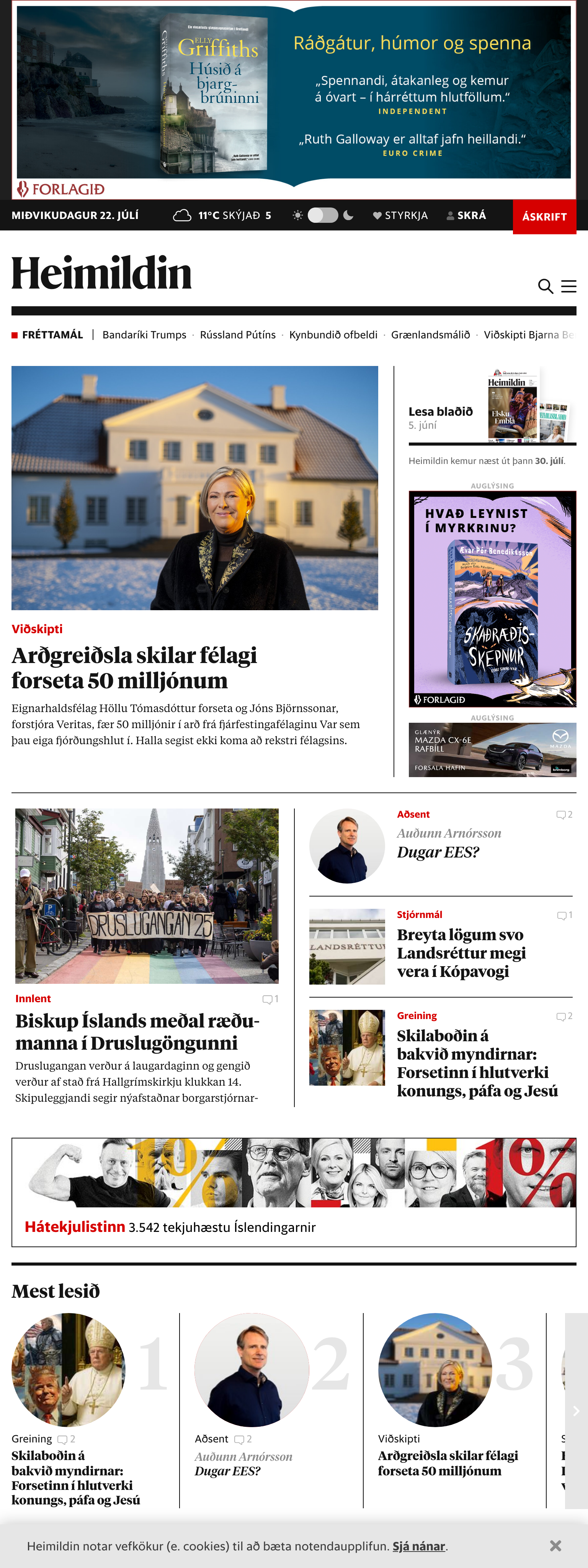 Screenshot of the Kjarninn front page