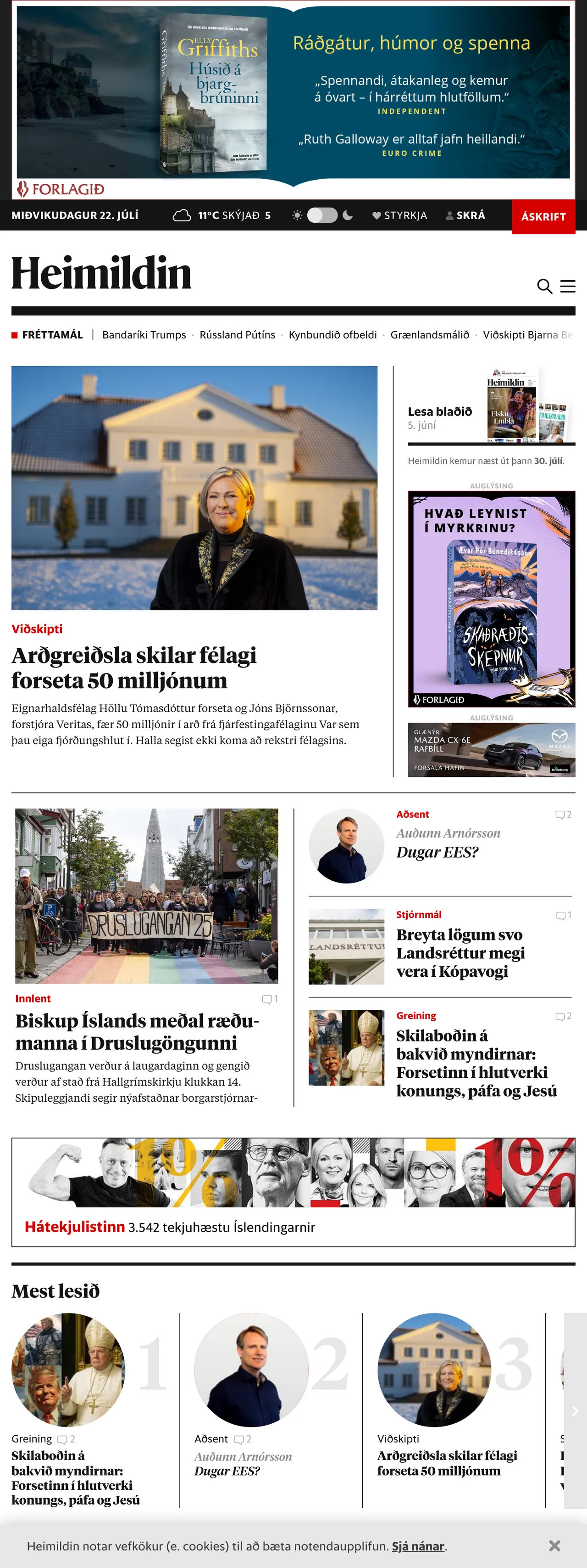 Screenshot of the Kjarninn front page