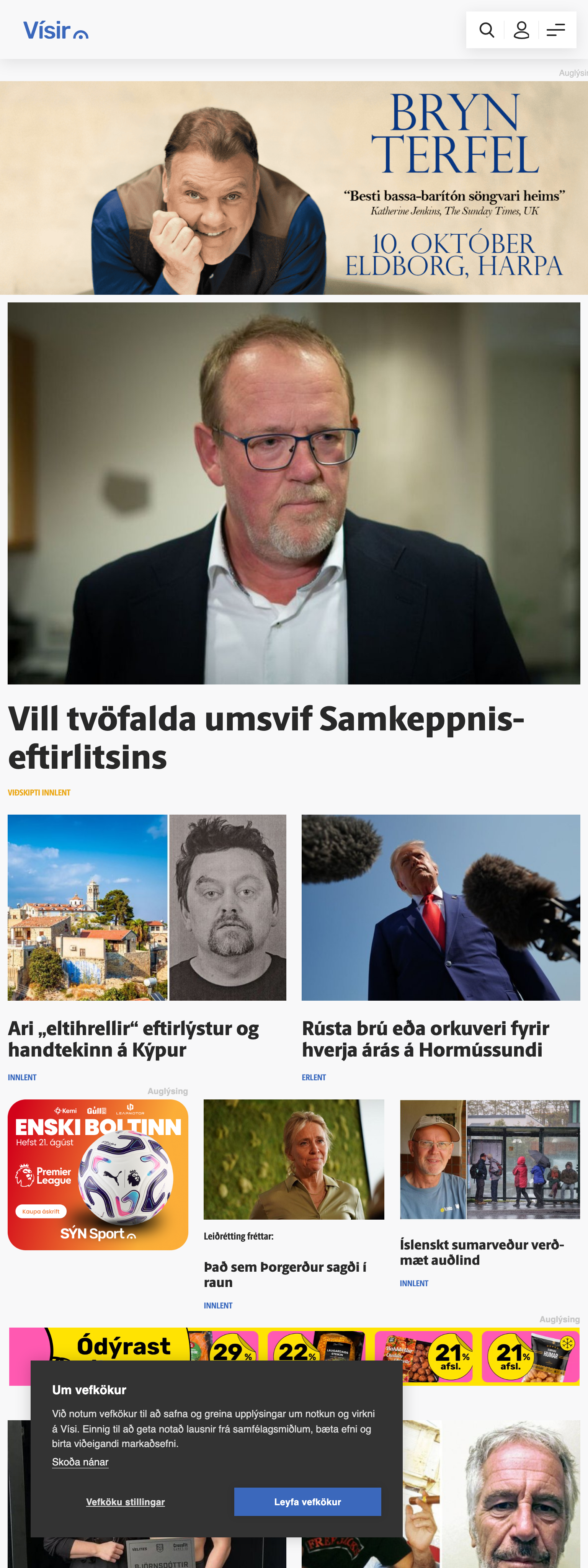 Screenshot of the Vísir front page