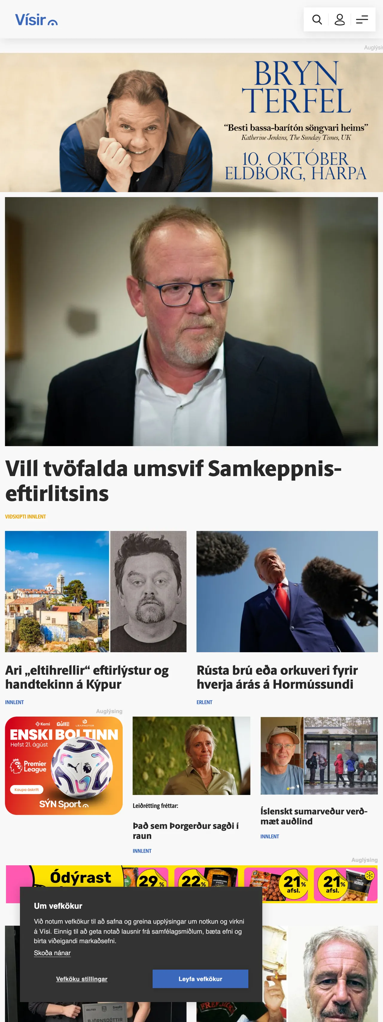 Screenshot of the Vísir front page