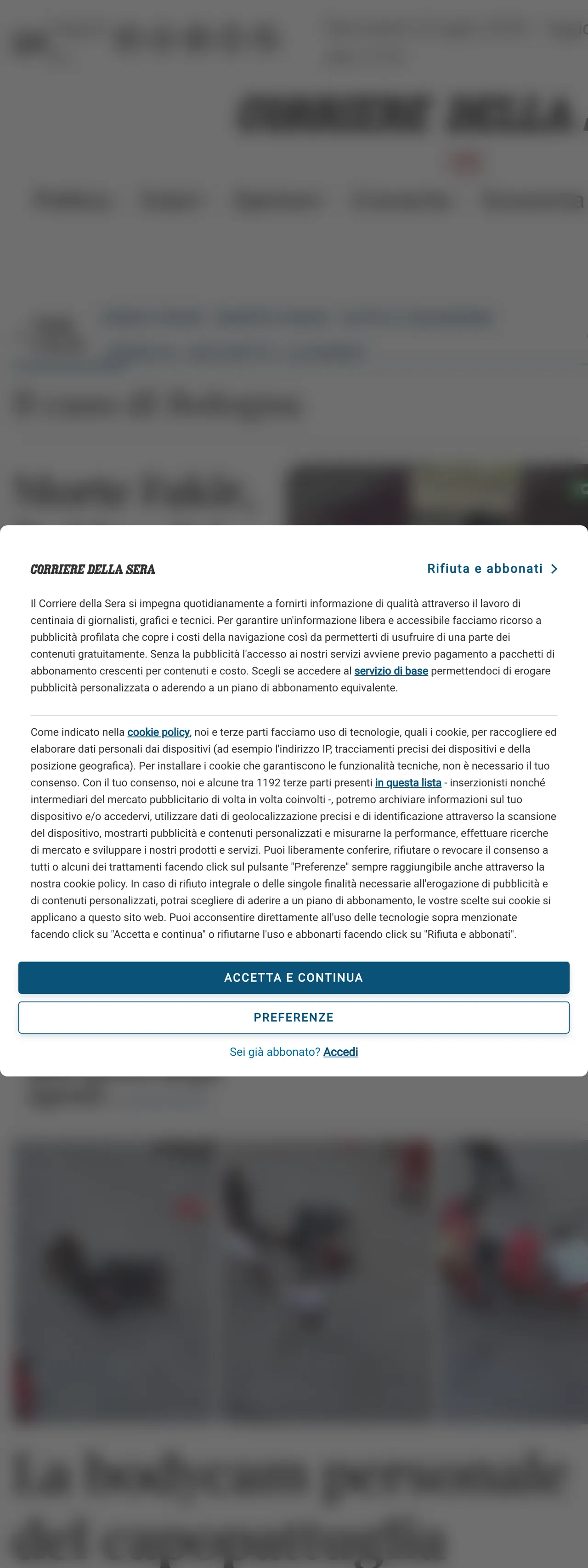Screenshot of the Corriere della Sera front page