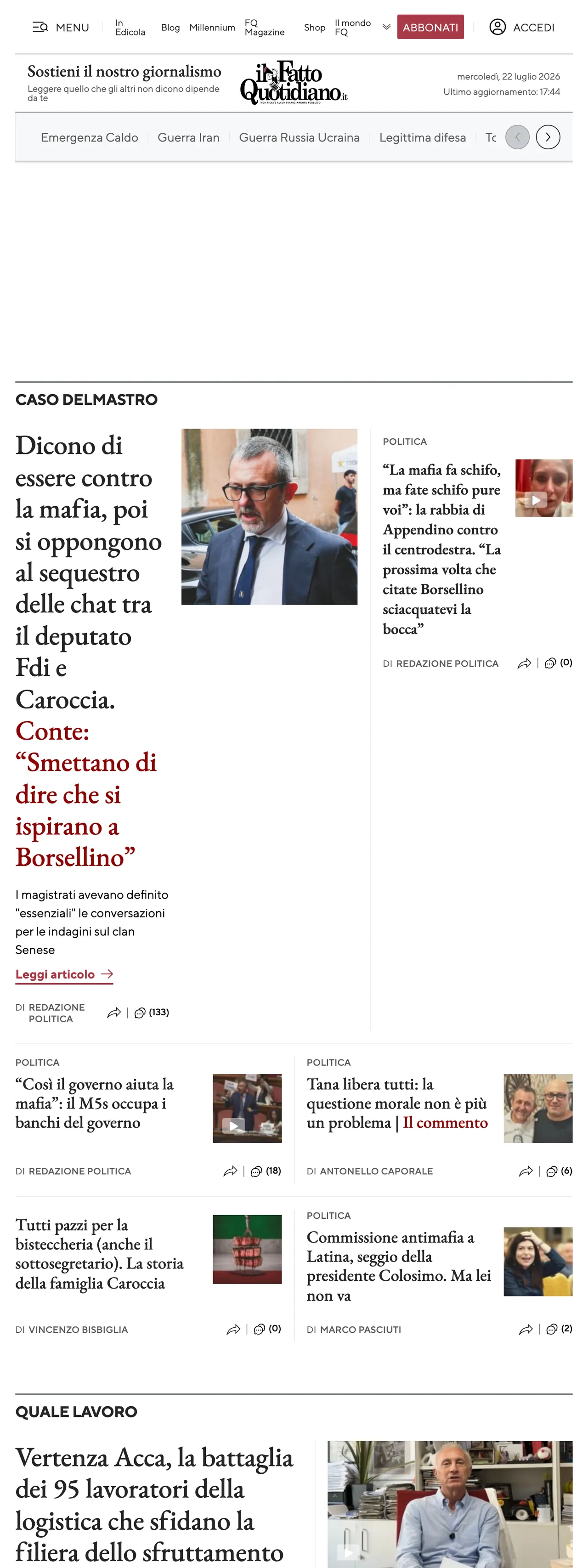 Screenshot of the Il Fatto Quotidiano front page