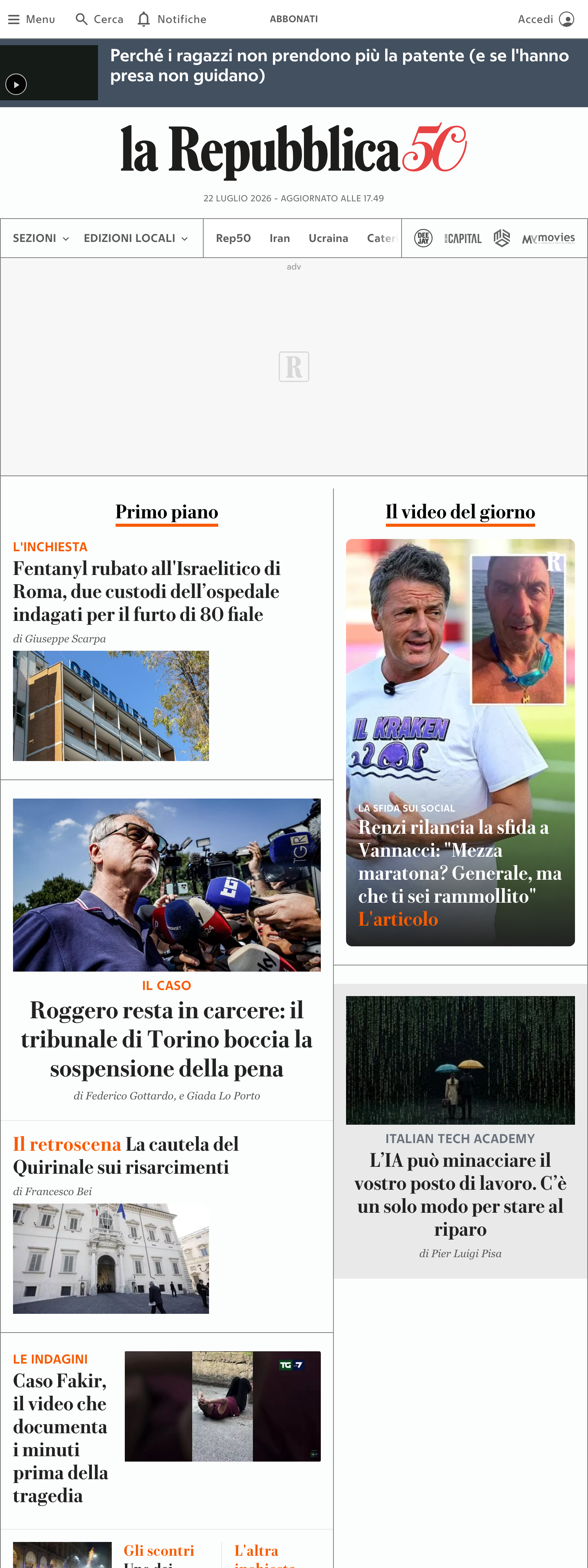 Screenshot of the la Repubblica front page