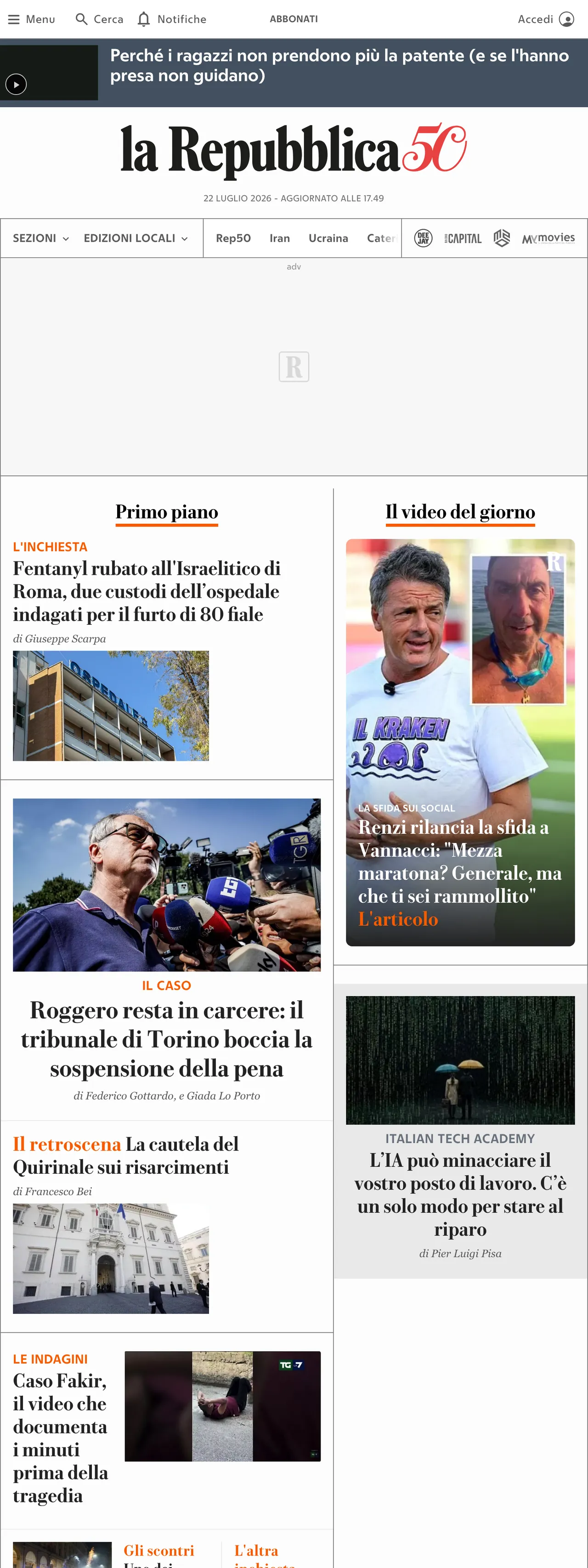 Screenshot of the la Repubblica front page