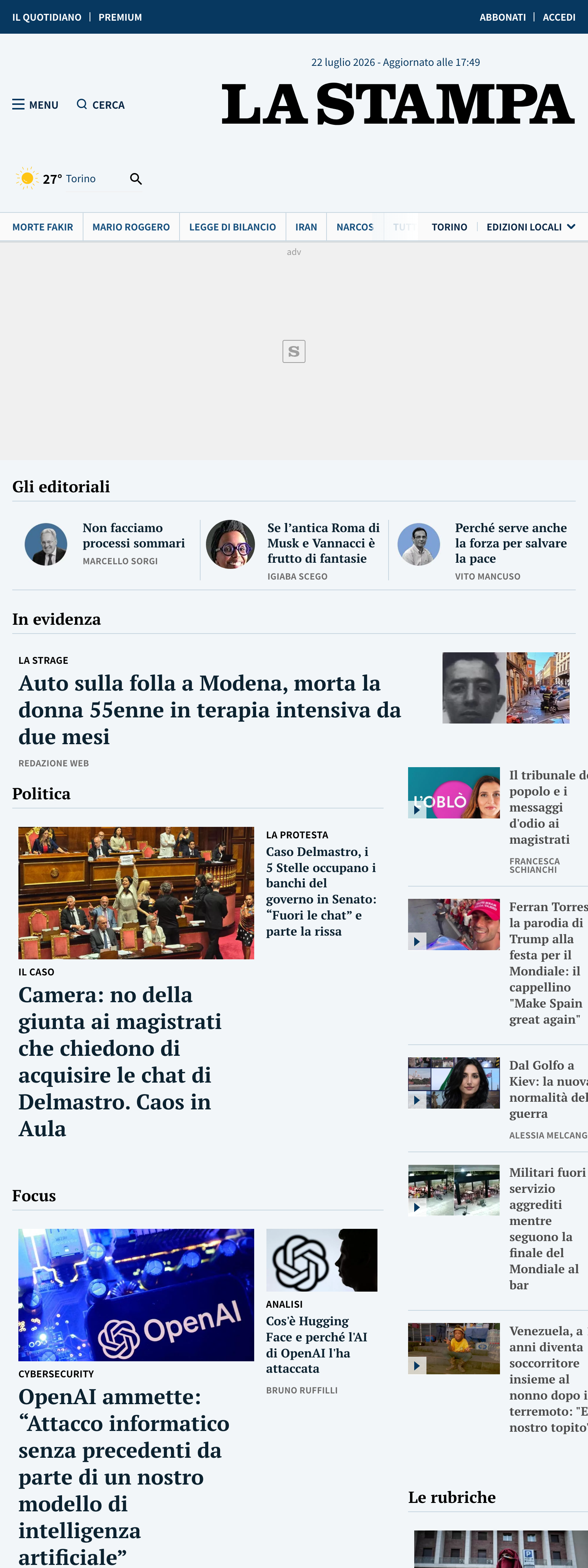 Screenshot of the La Stampa front page