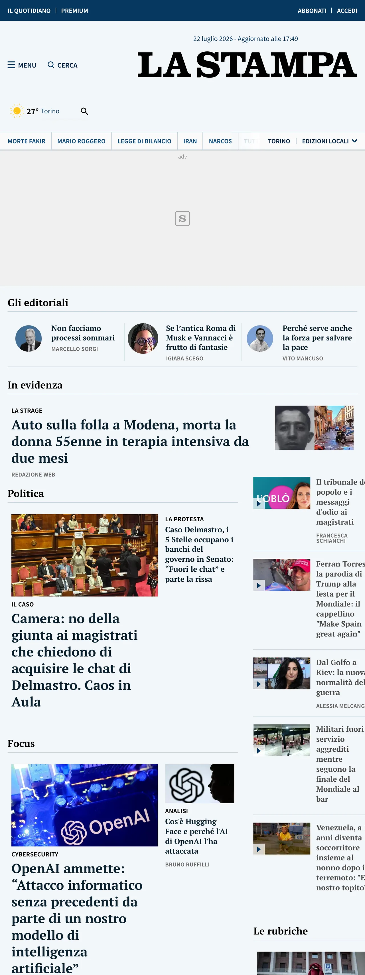 Screenshot of the La Stampa front page