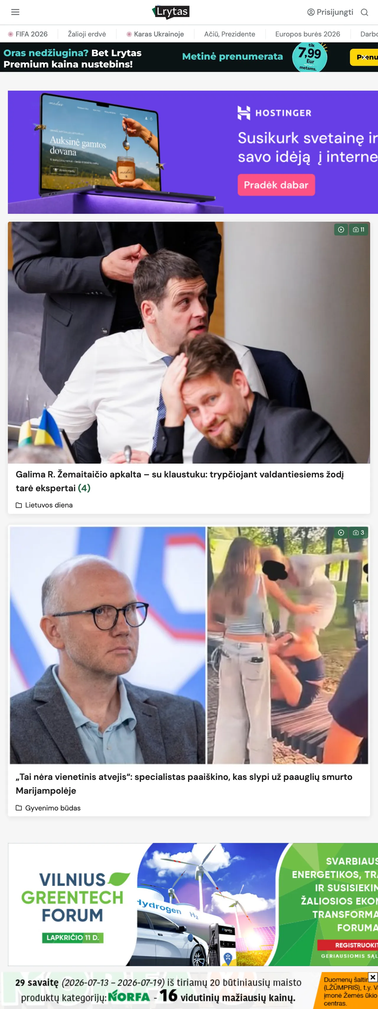 Screenshot of the Lrytas front page