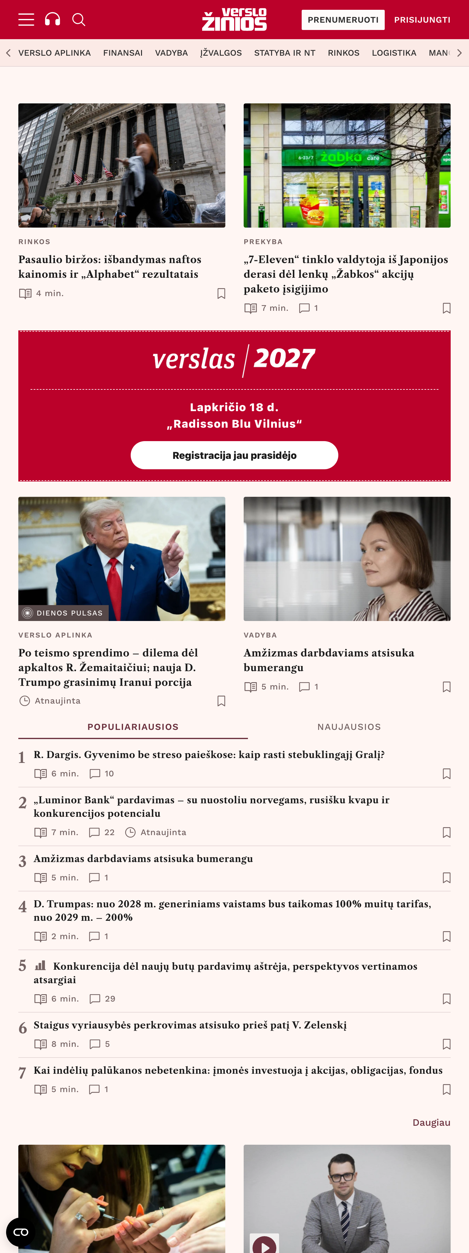 Screenshot of the Verslo žinios front page