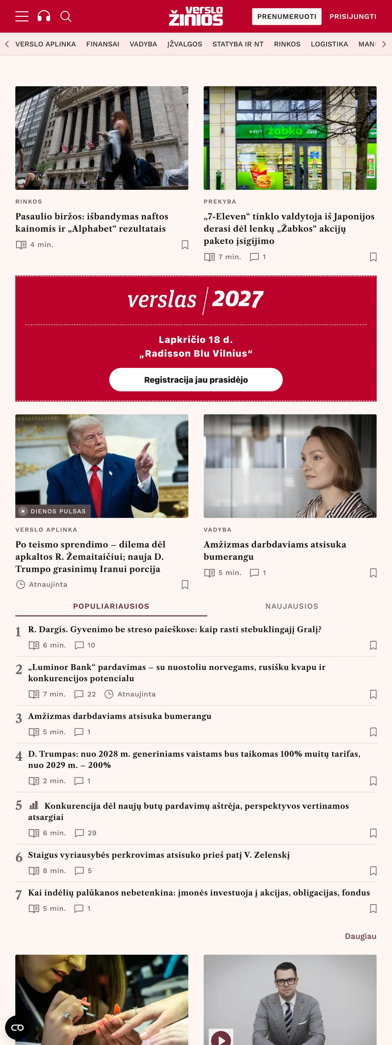 Screenshot of the Verslo žinios front page
