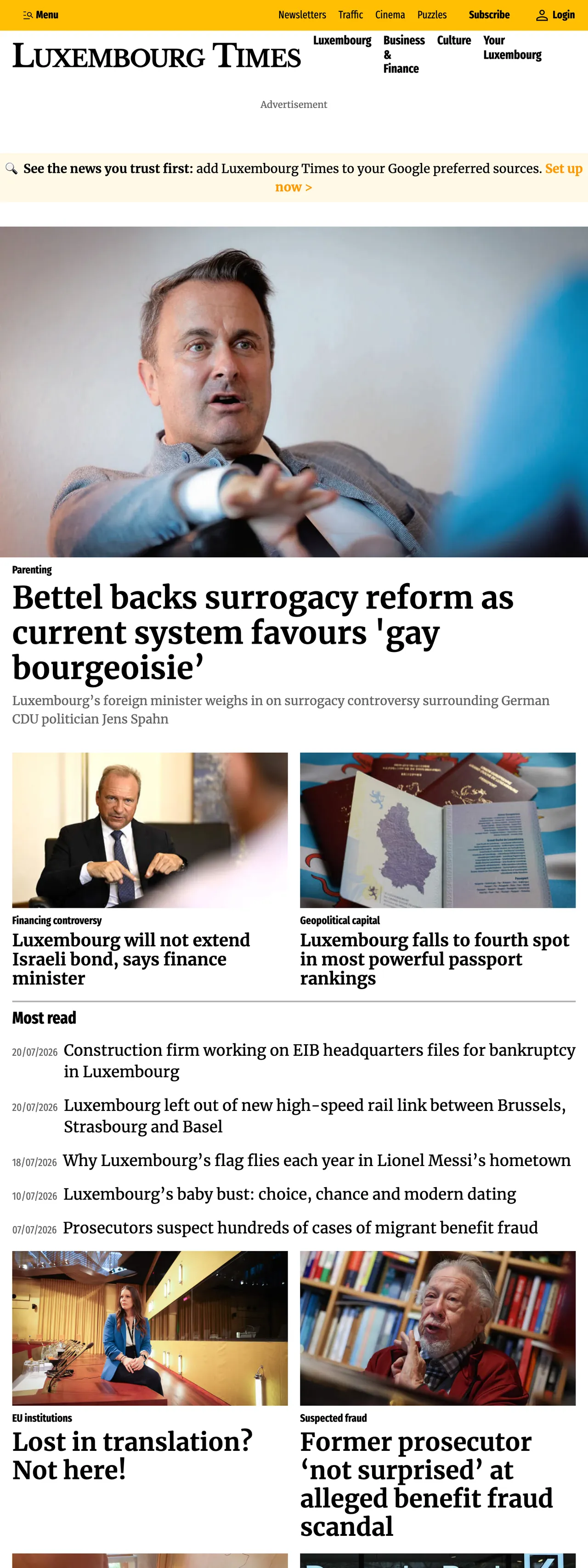 Screenshot of the Luxembourg Times front page