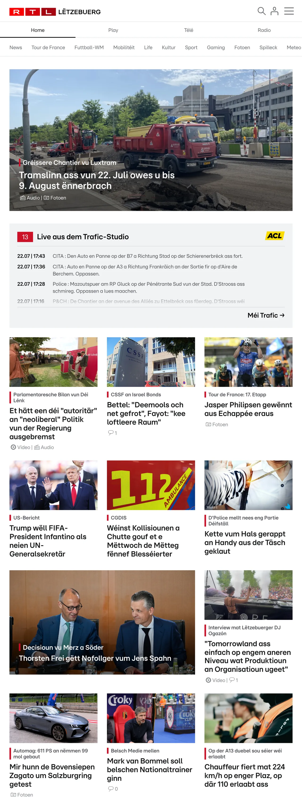 Screenshot of the RTL Lëtzebuerg front page