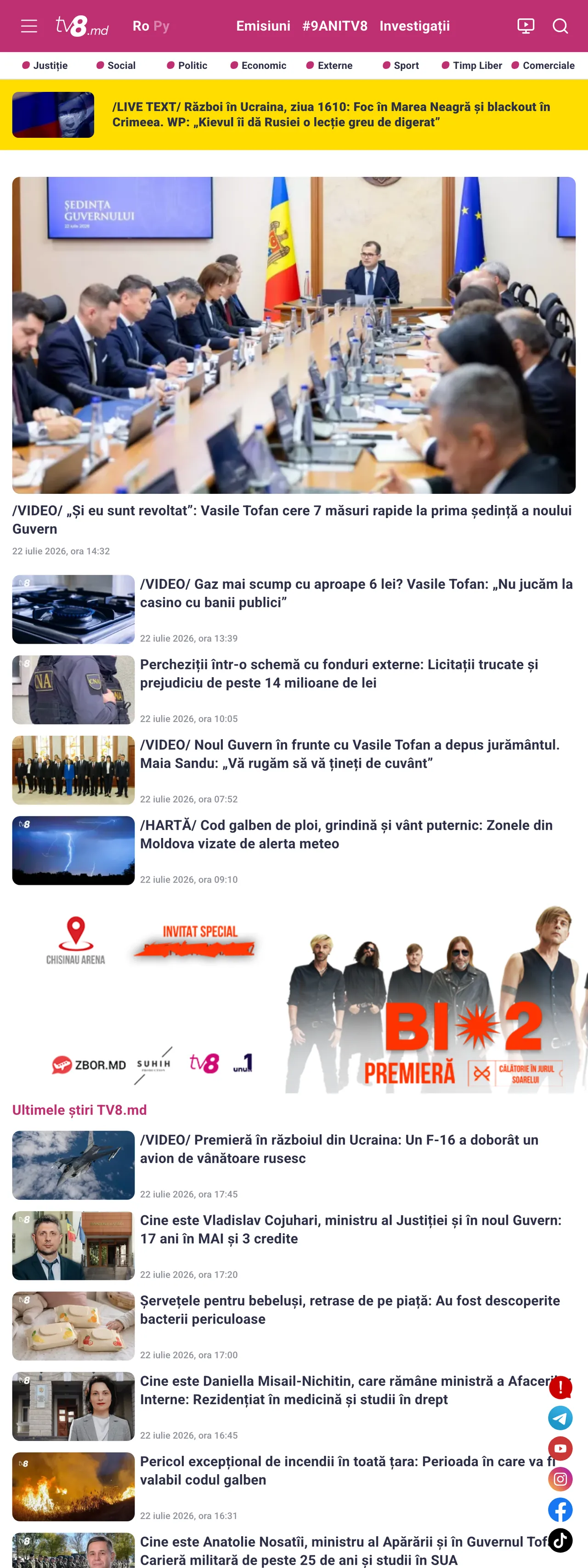 Screenshot of the TV8 front page