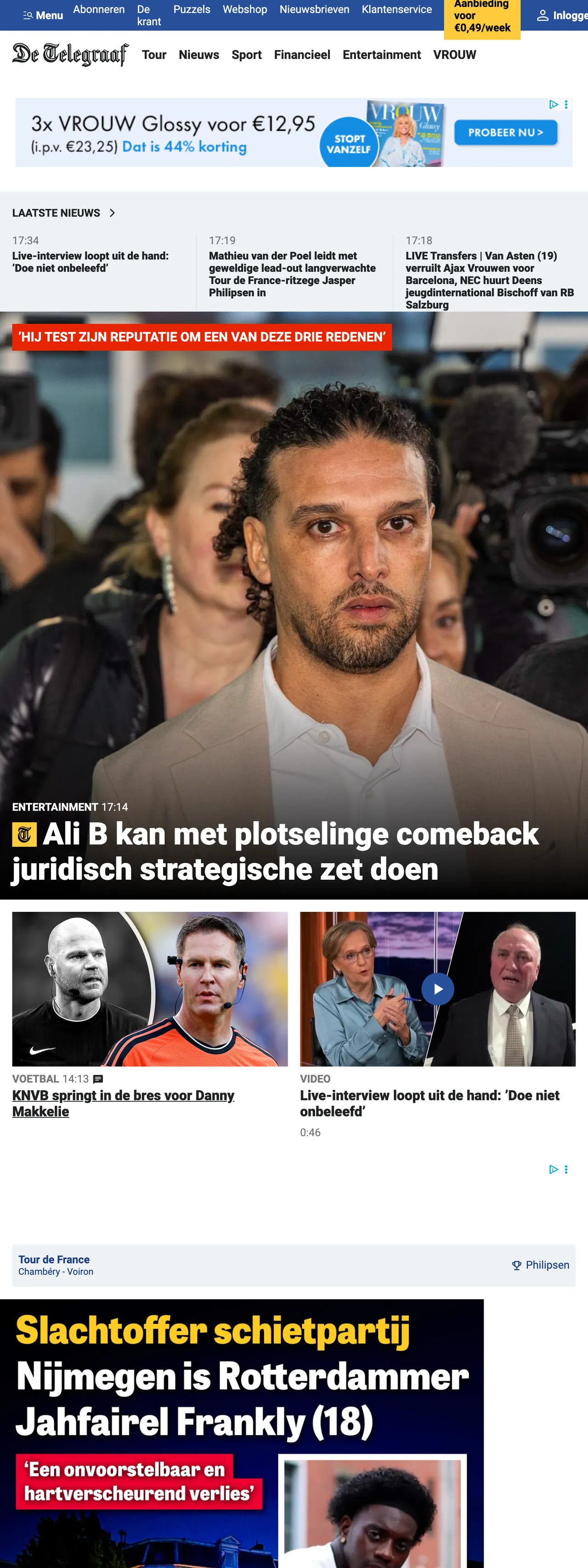 Screenshot of the De Telegraaf front page