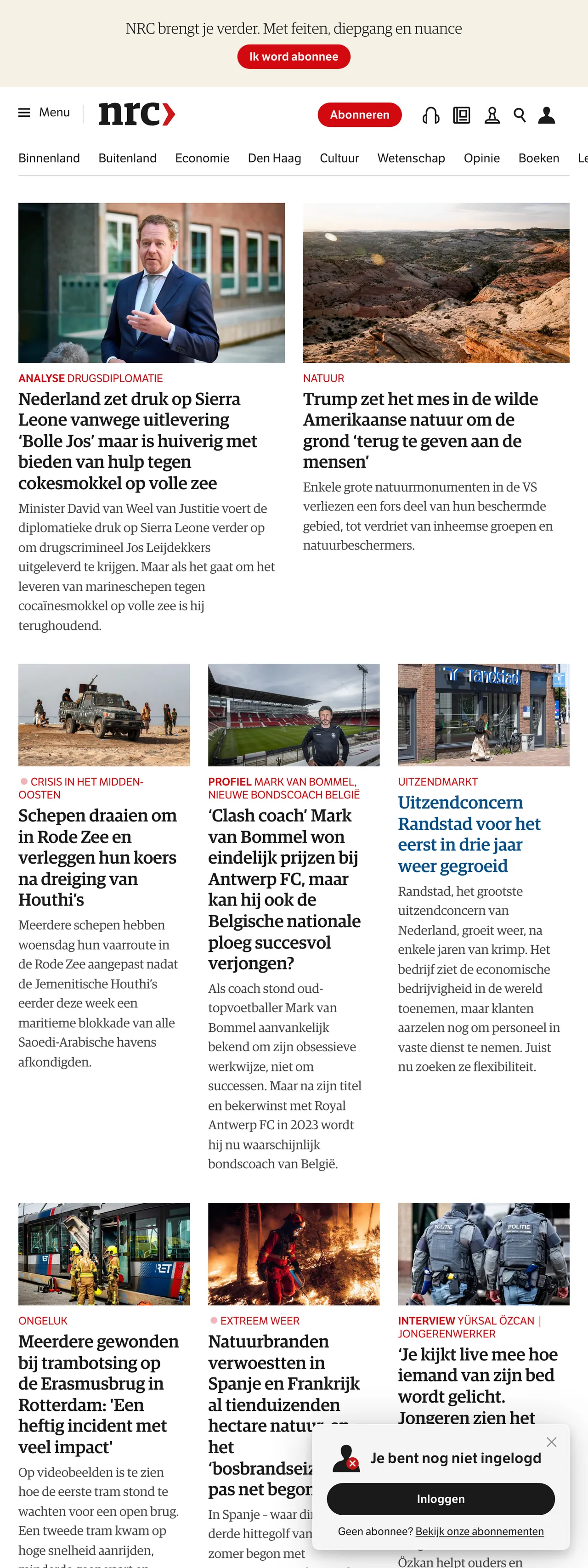Screenshot of the NRC front page