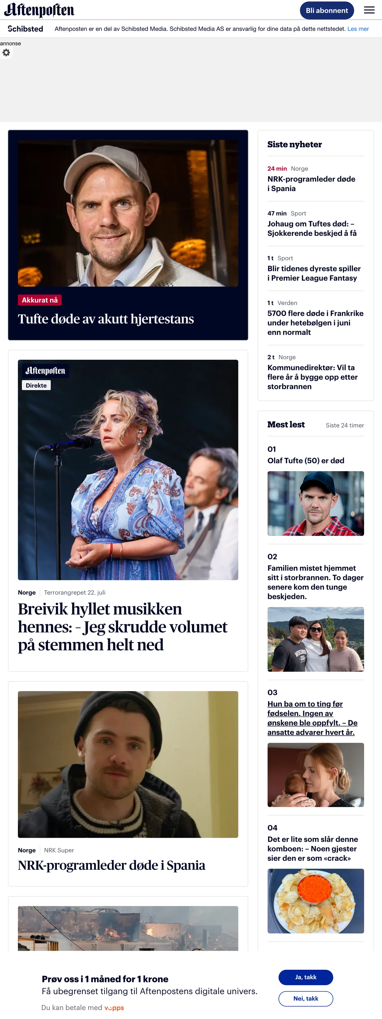 Screenshot of the Aftenposten front page