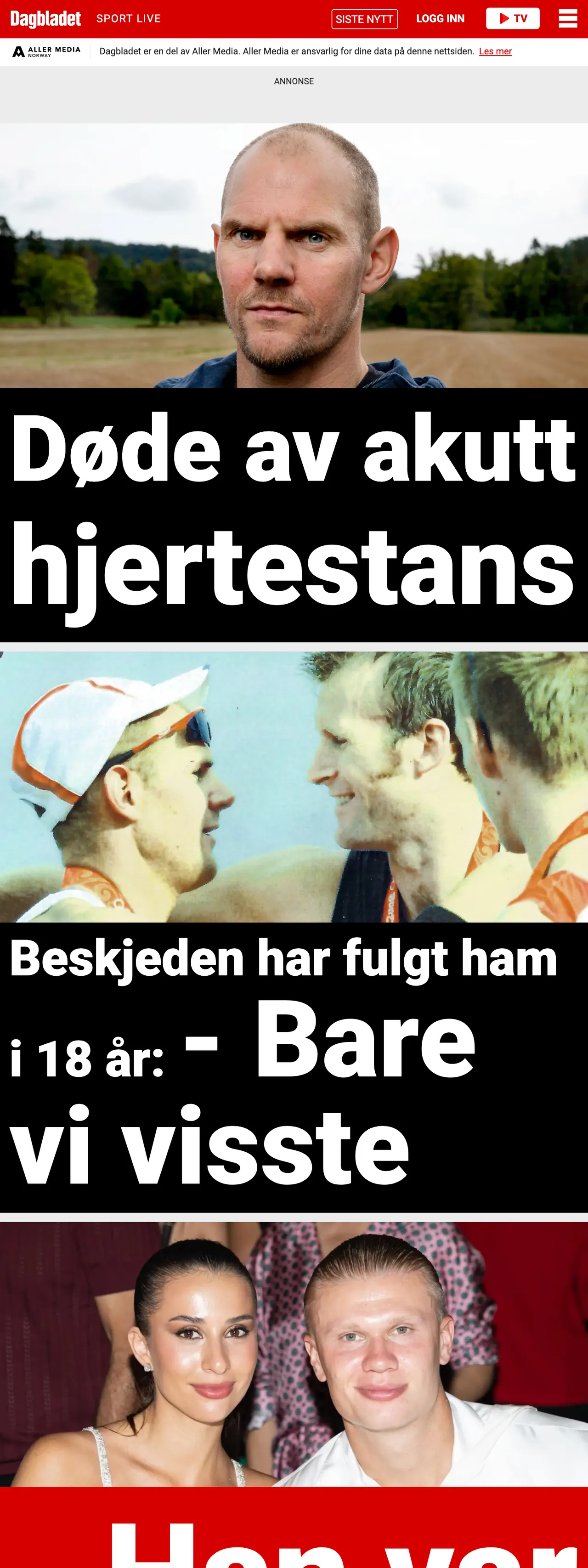 Screenshot of the Dagbladet front page