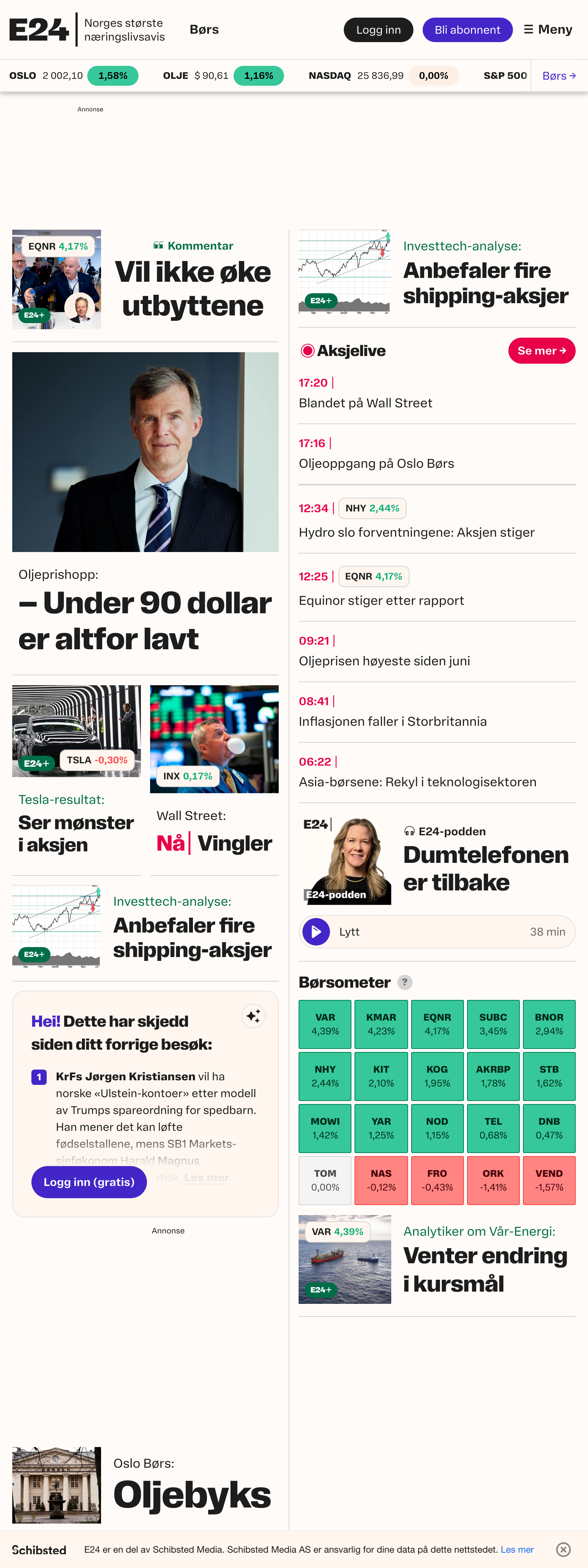 Screenshot of the E24 front page