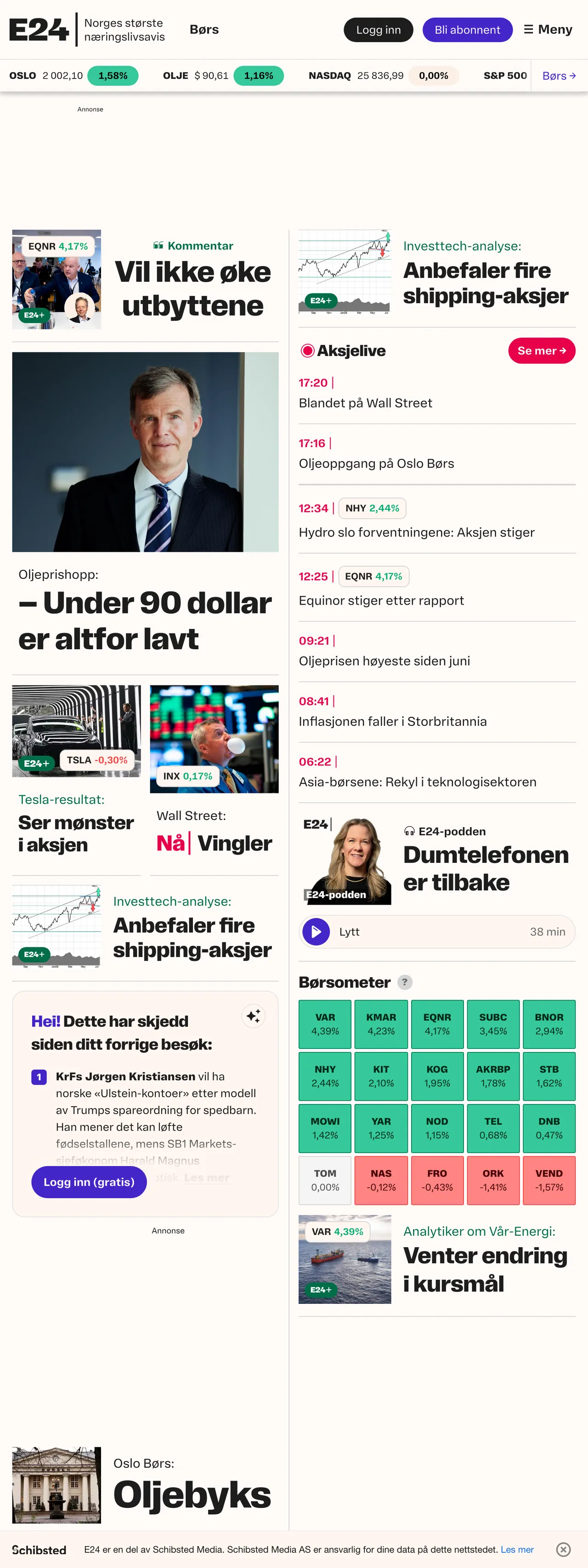 Screenshot of the E24 front page