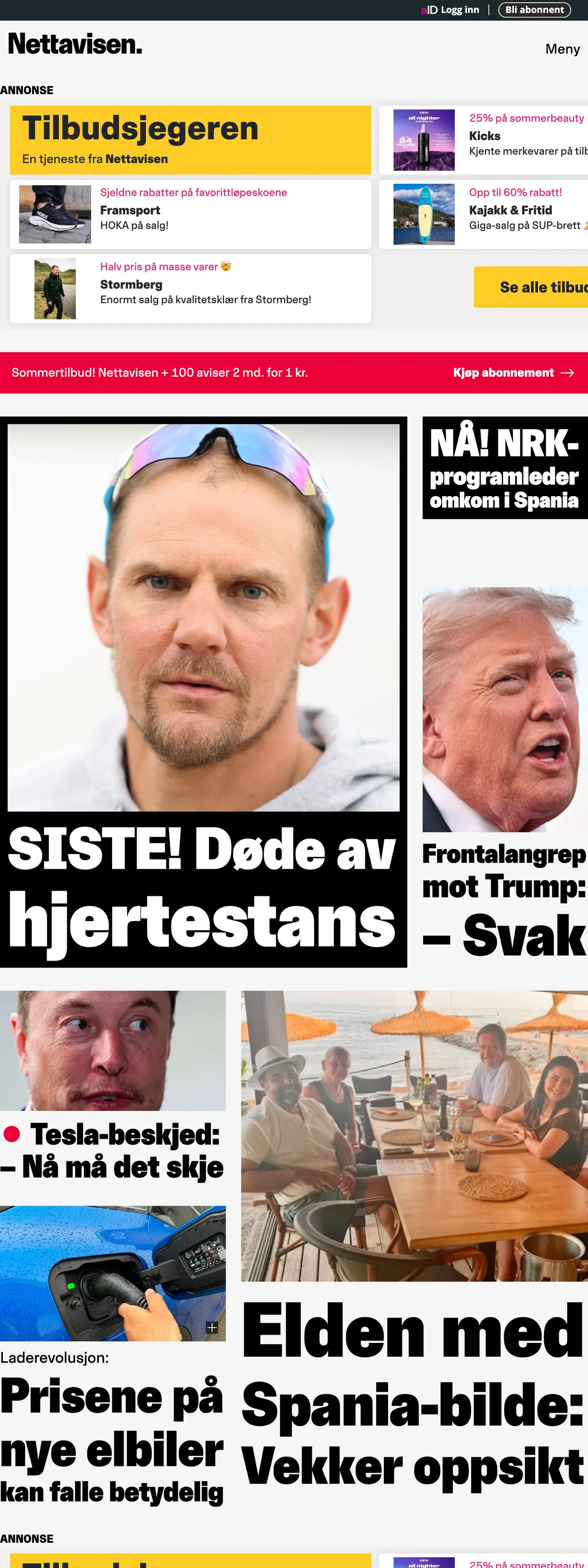 Screenshot of the Nettavisen front page