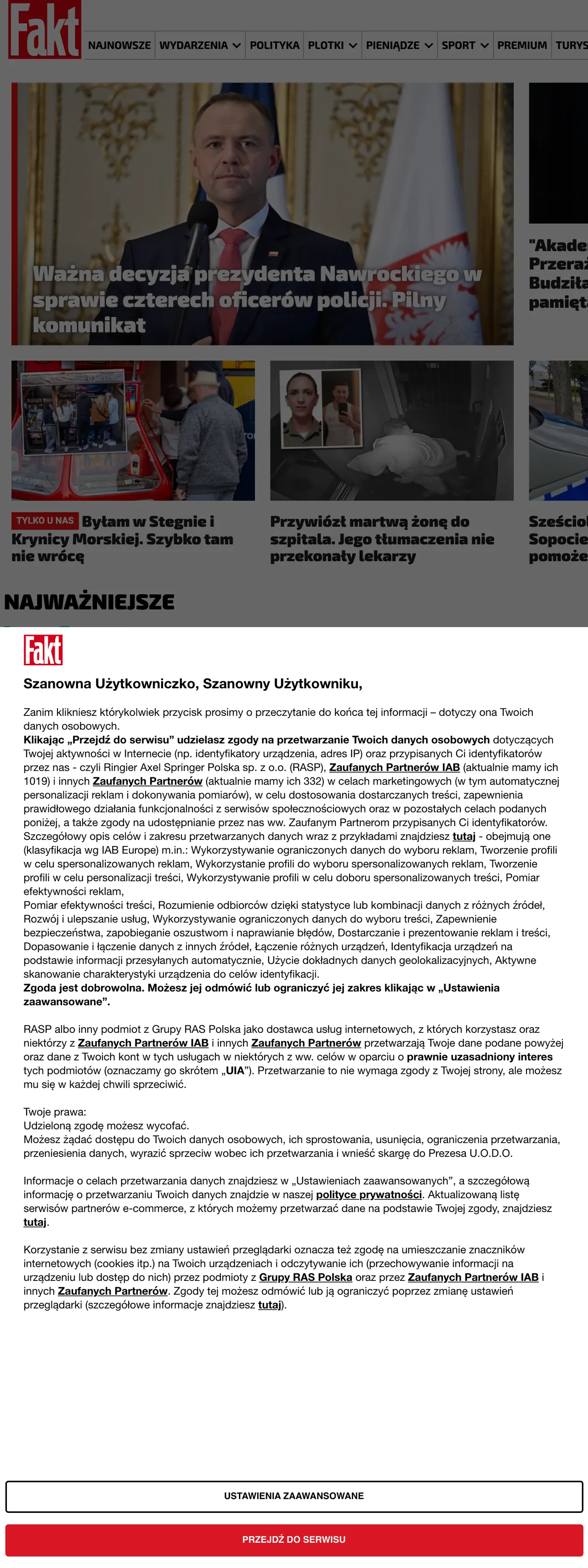 Screenshot of the Fakt front page