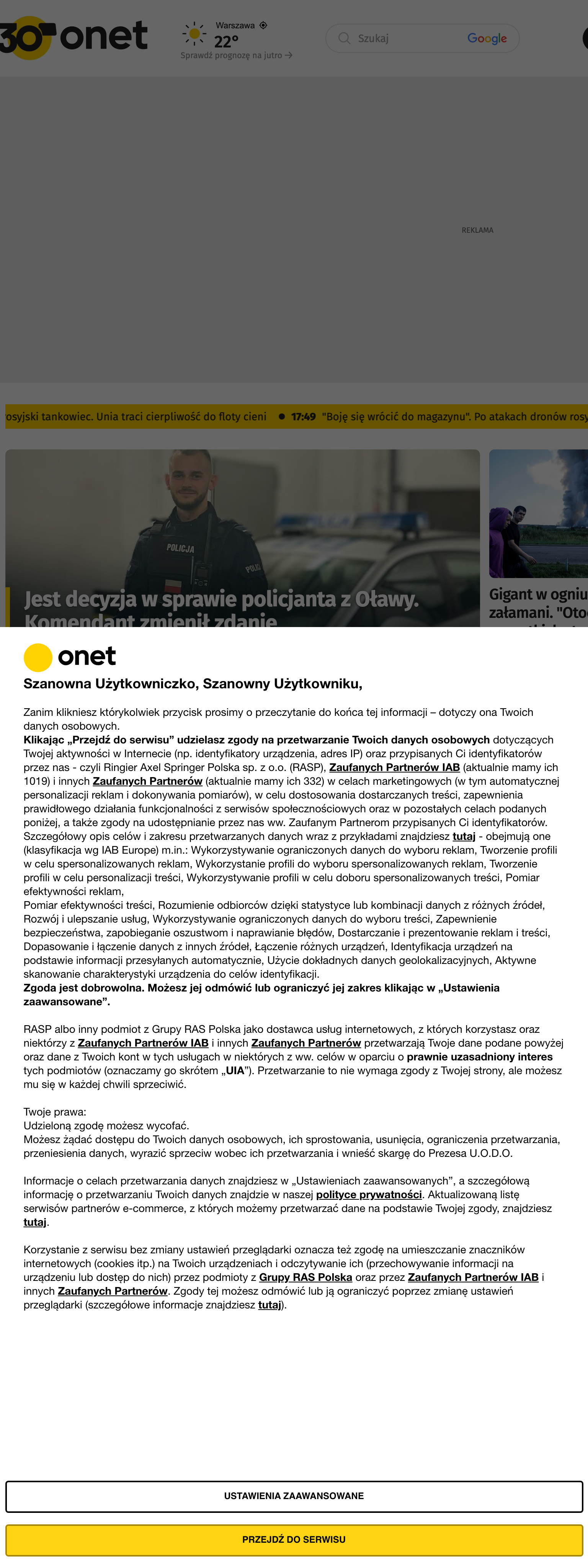 Screenshot of the Onet front page
