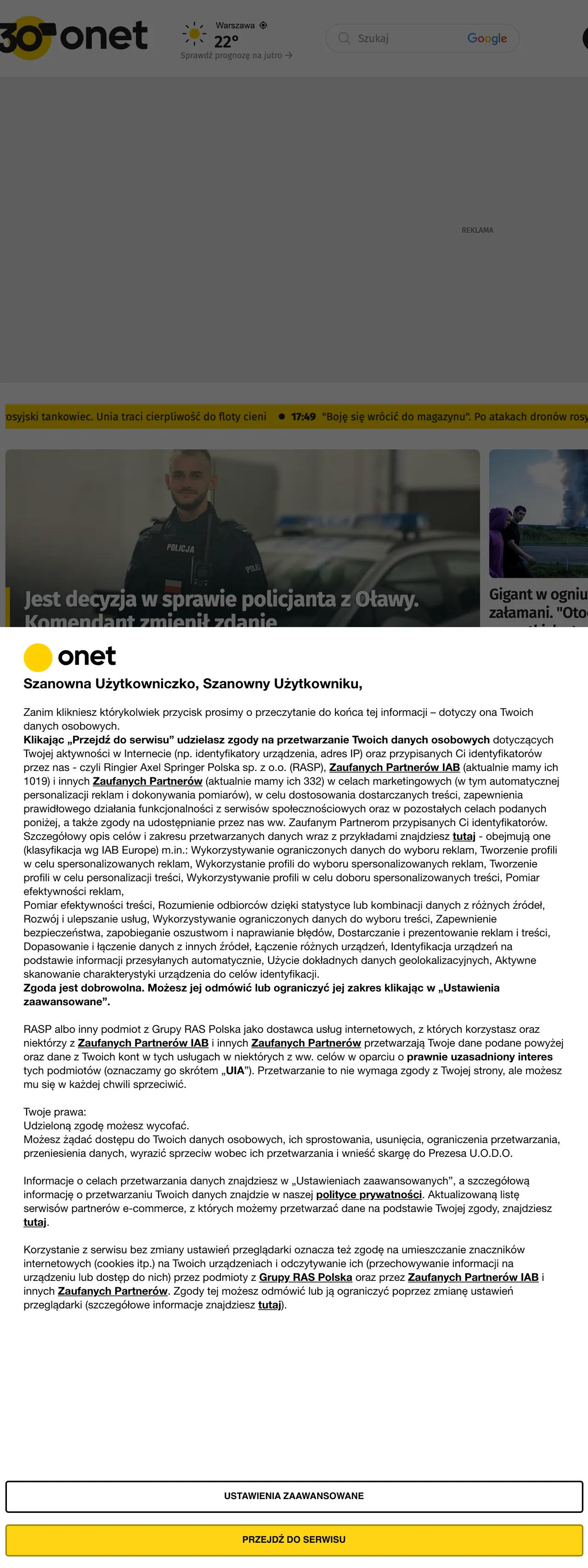 Screenshot of the Onet front page