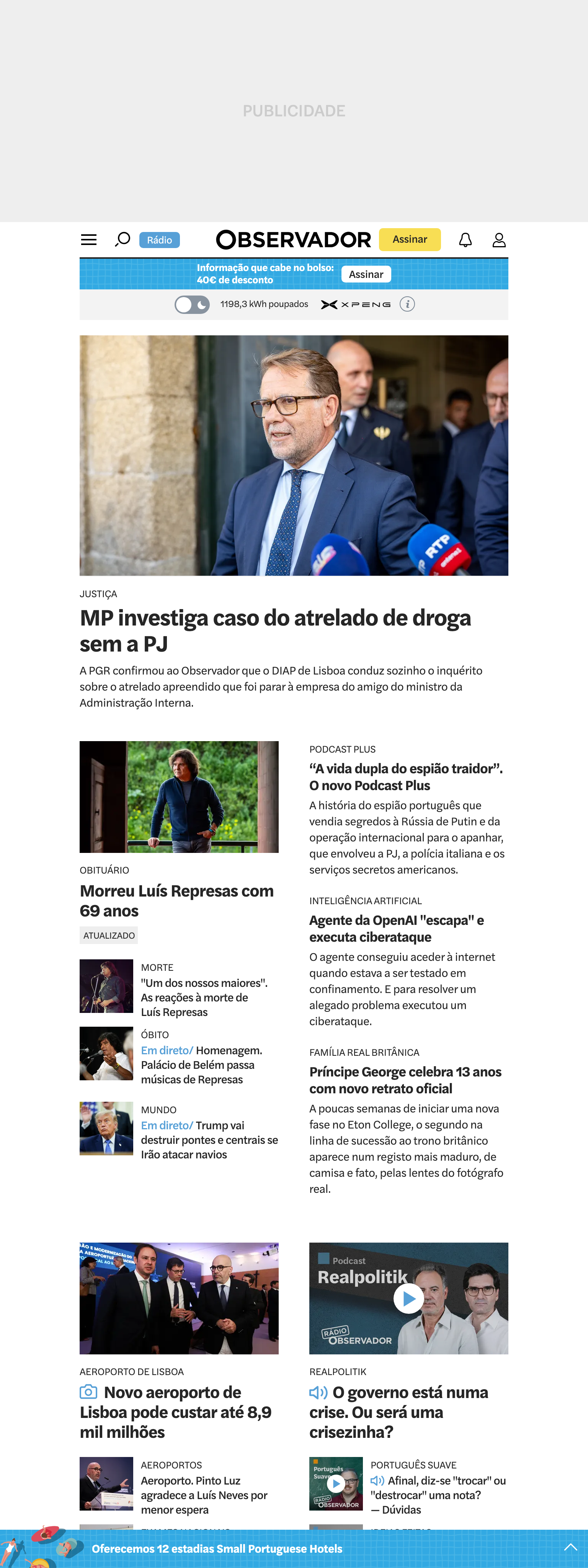 Screenshot of the Observador front page