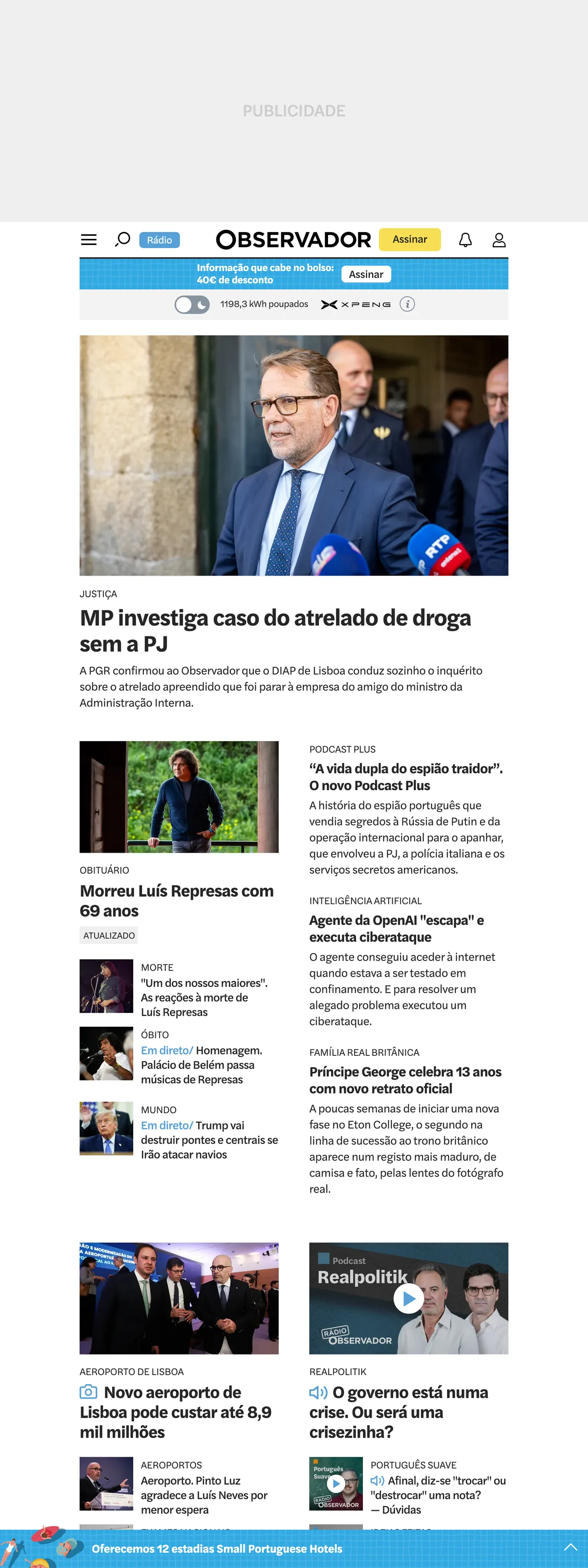 Screenshot of the Observador front page