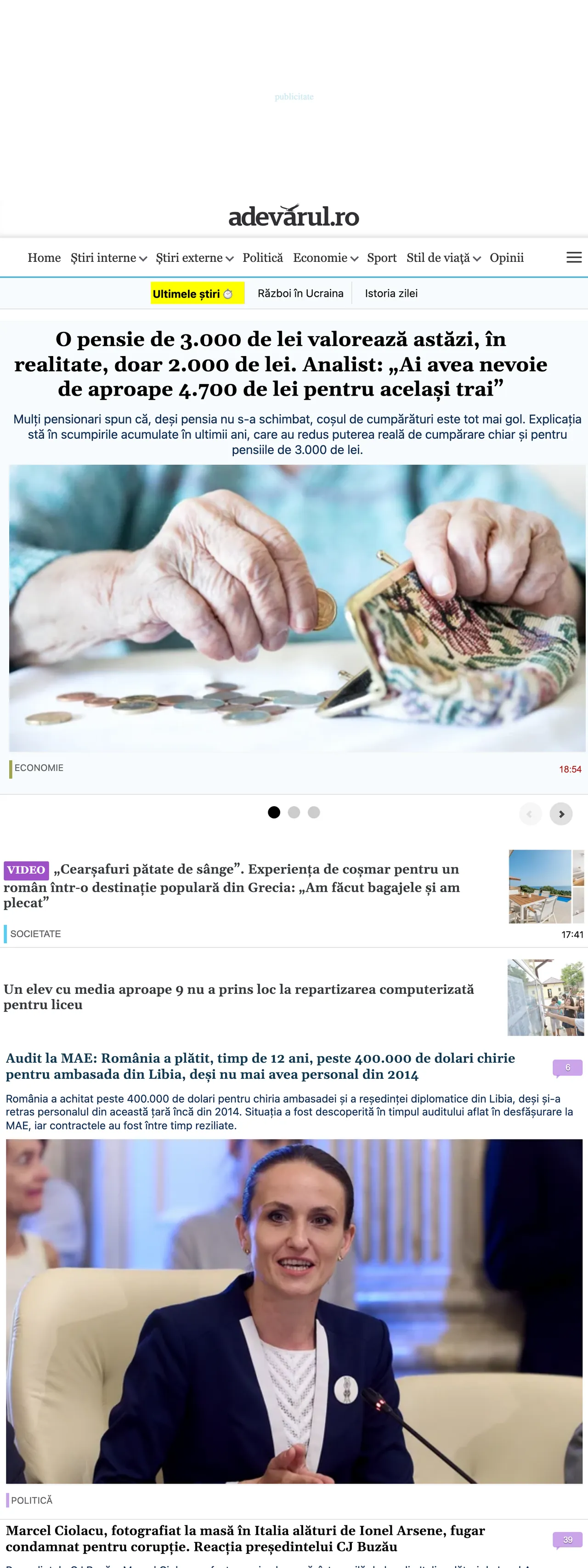 Screenshot of the Adevărul front page