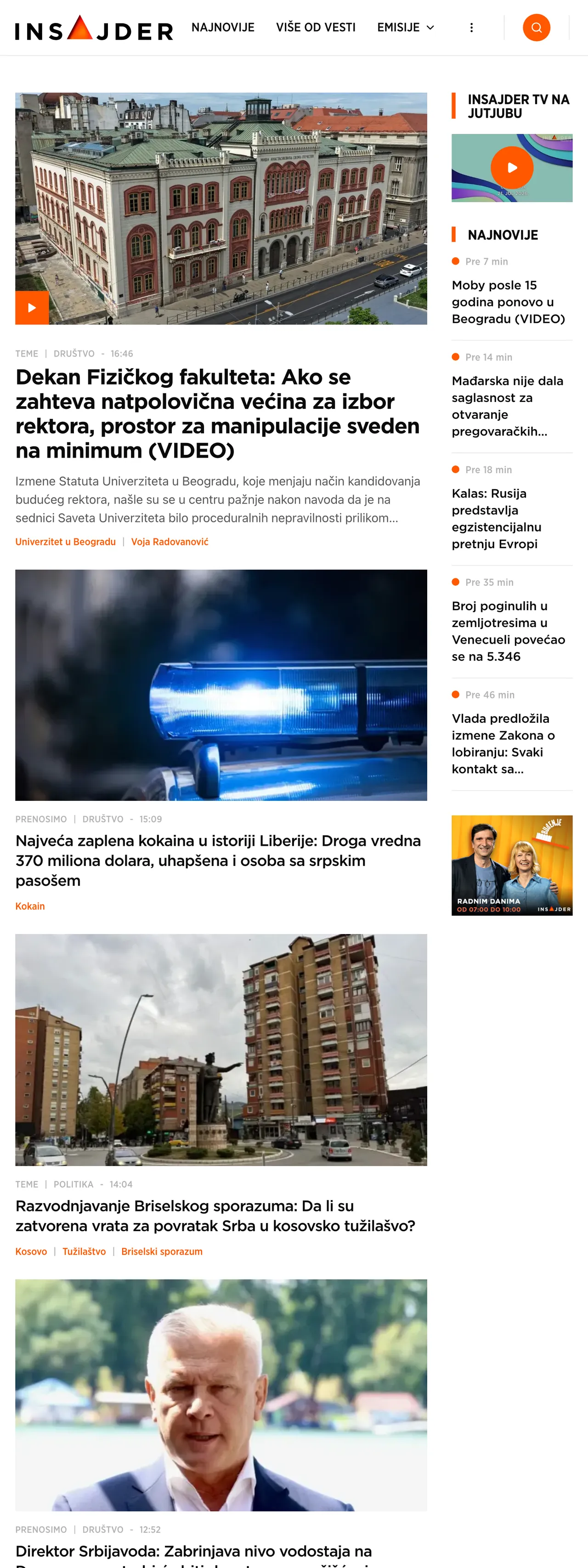 Screenshot of the Insajder front page