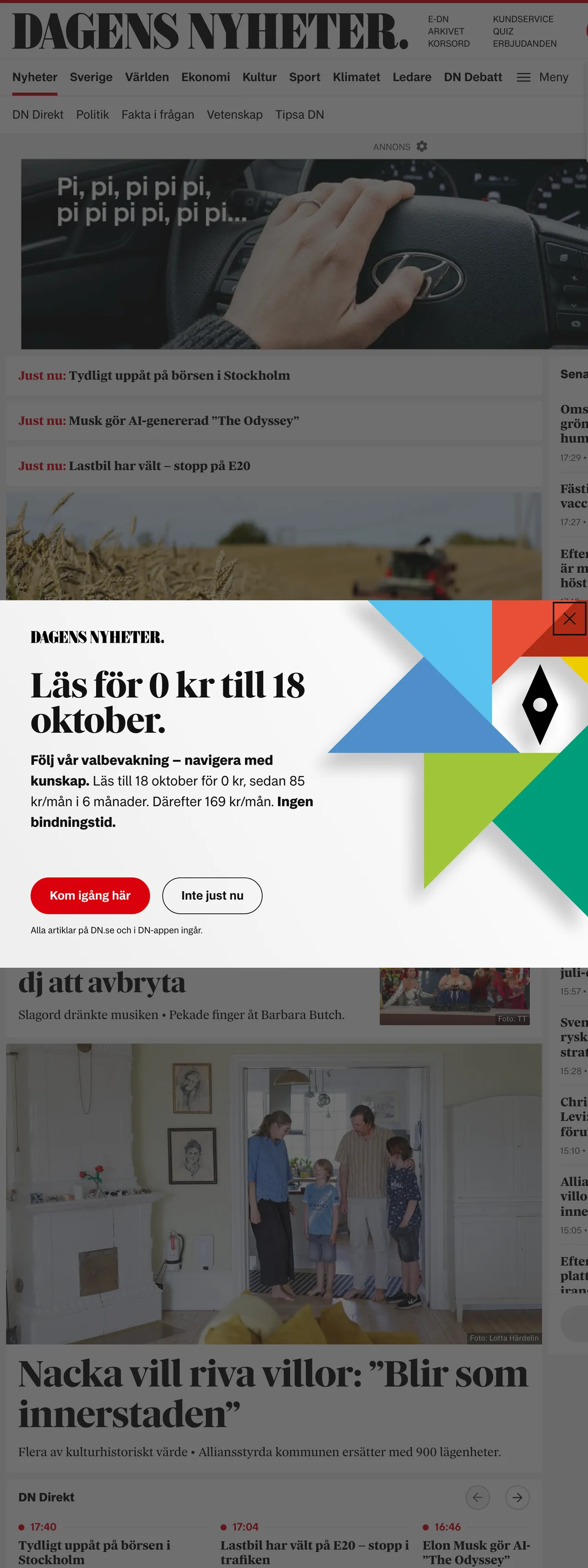Screenshot of the Dagens Nyheter front page