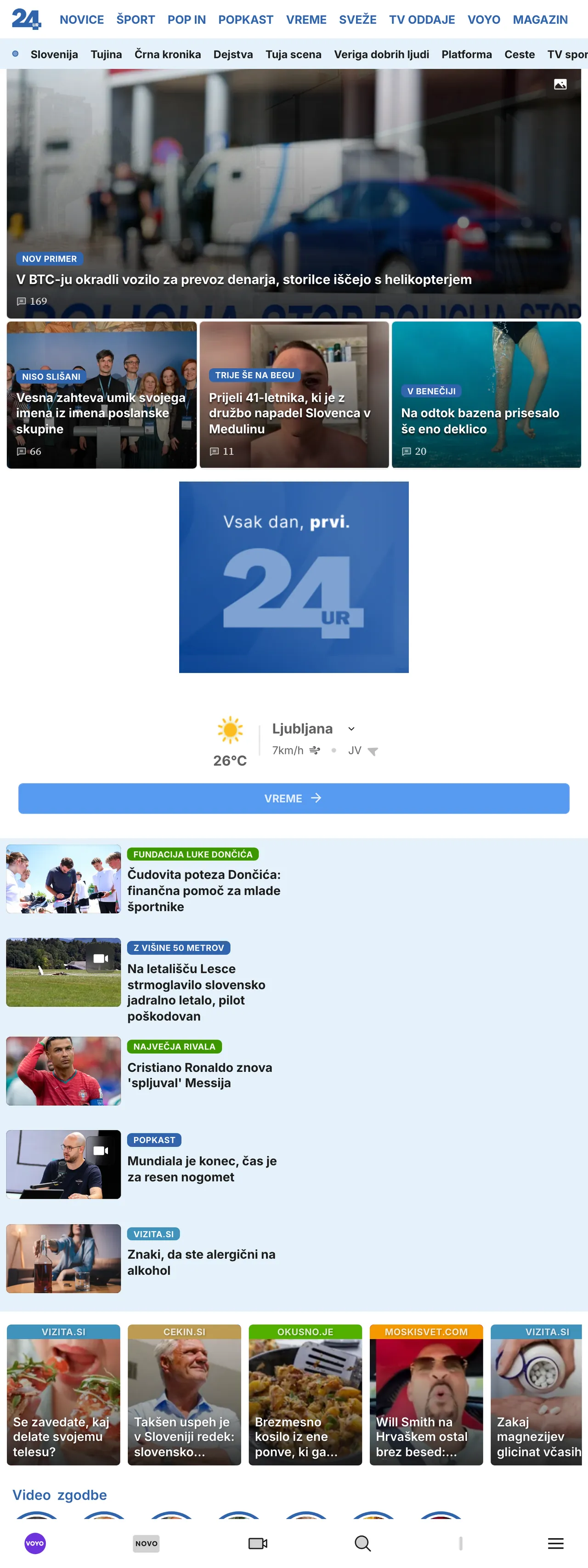Screenshot of the 24ur front page