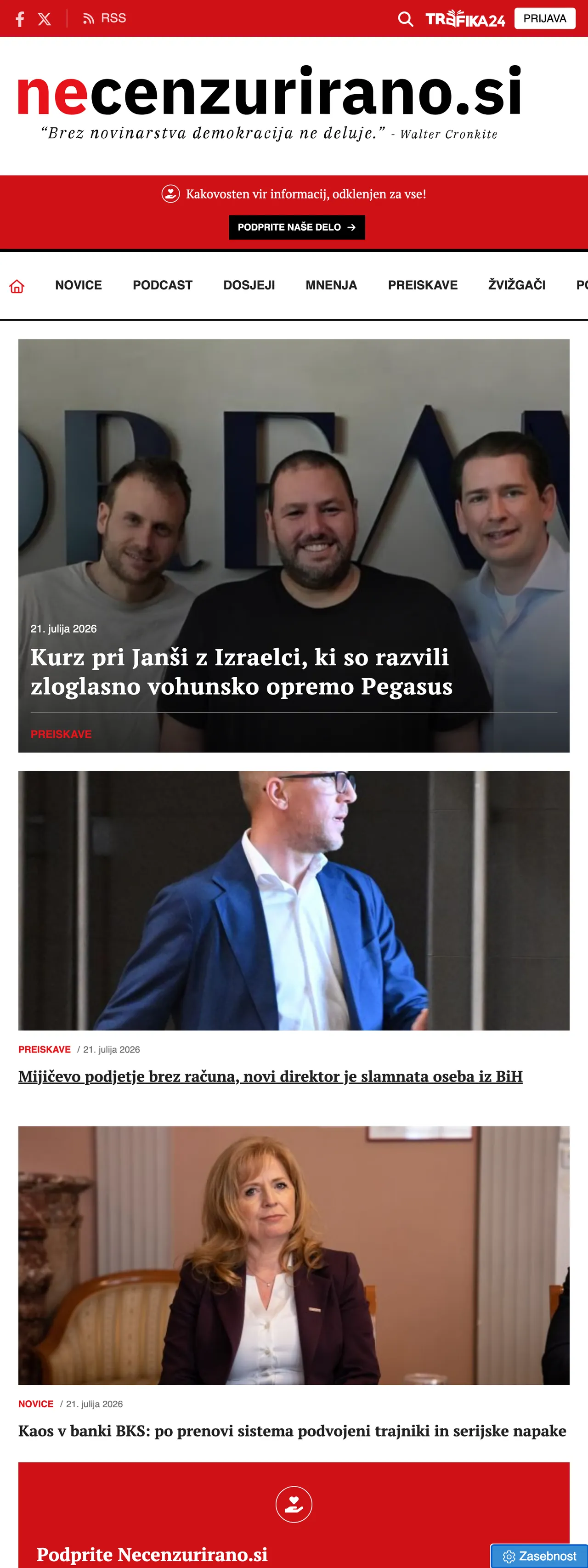 Screenshot of the Necenzurirano front page