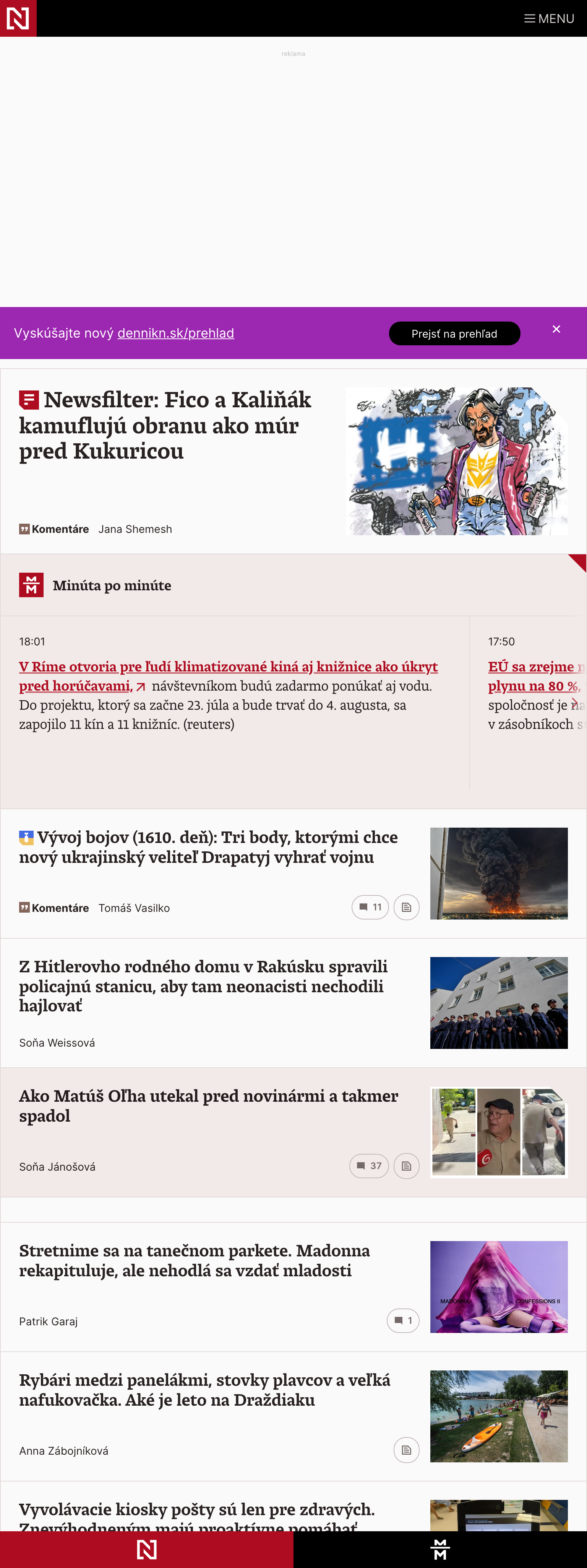 Screenshot of the Denník N front page