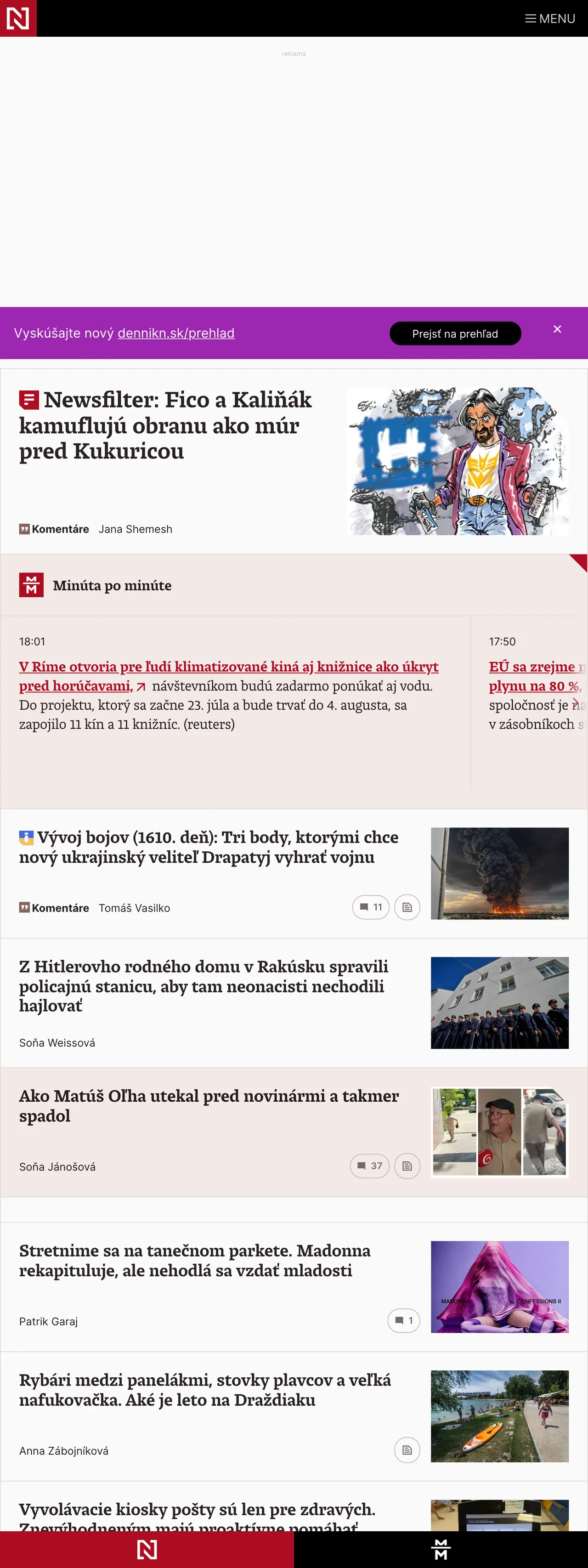 Screenshot of the Denník N front page