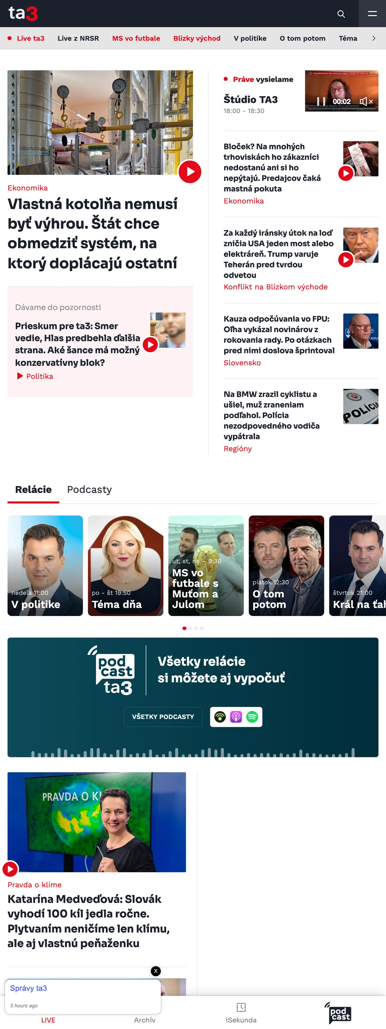 Screenshot of the TA3 front page