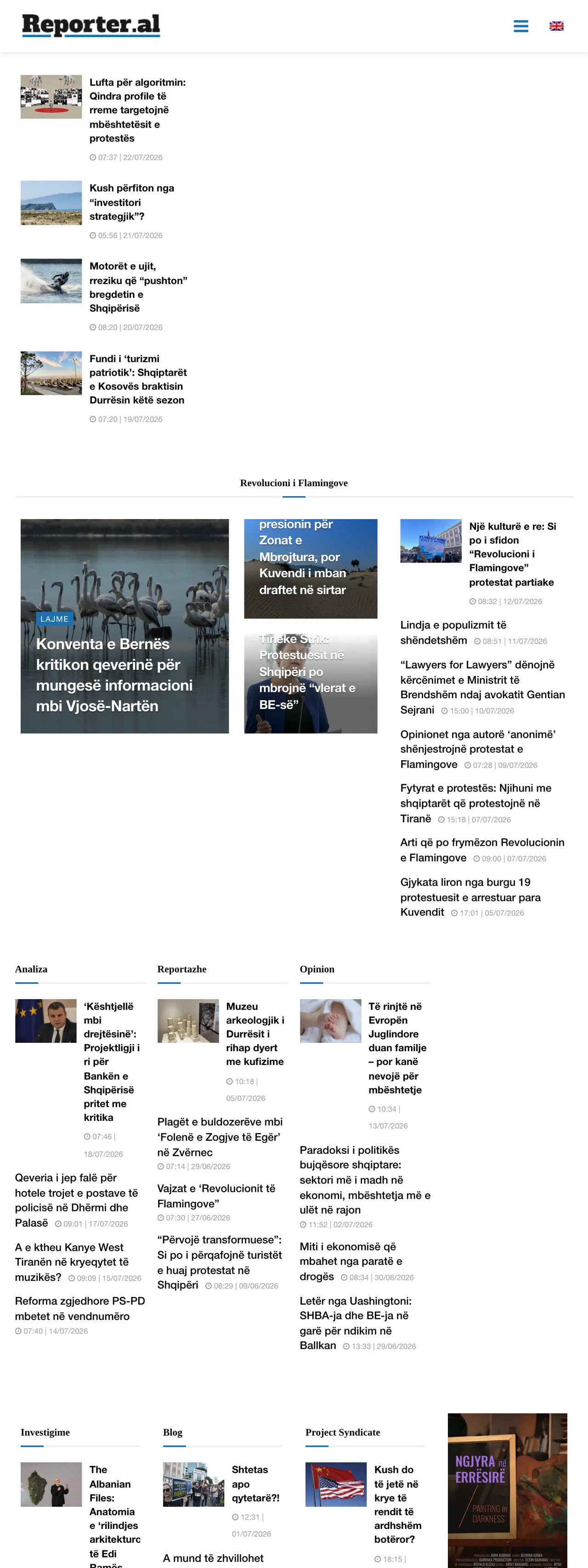 Screenshot of the Reporter.al front page