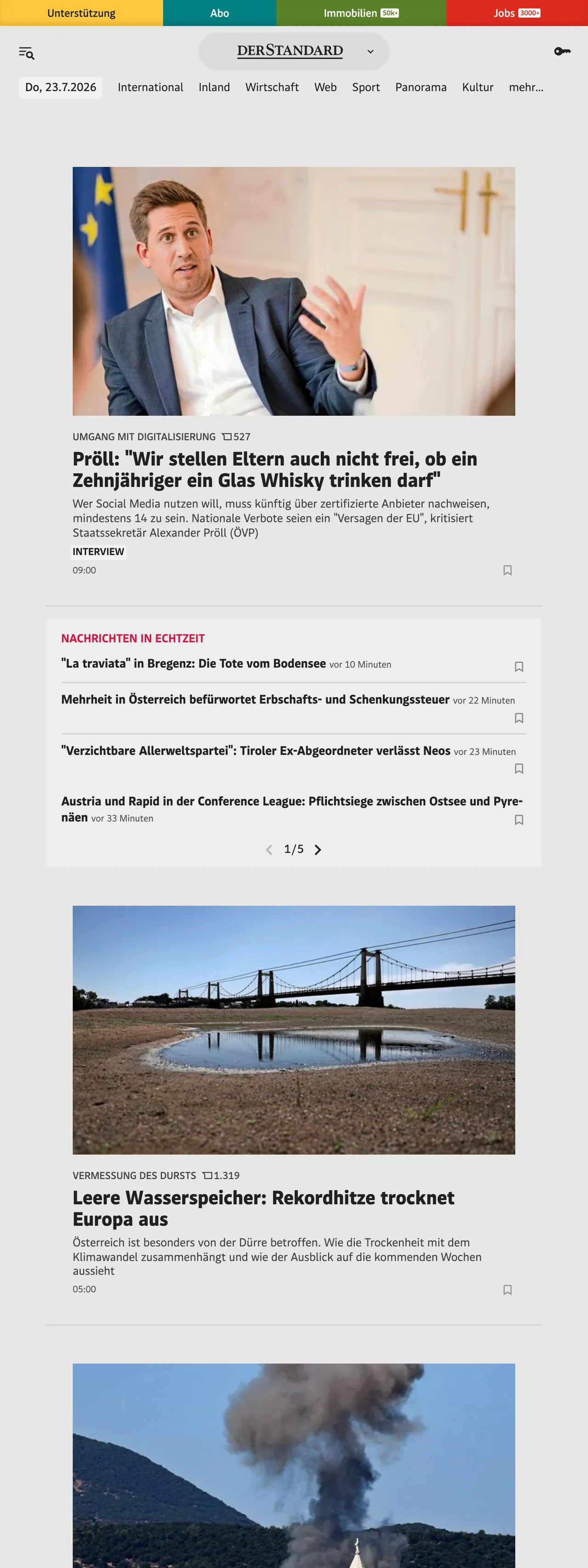Screenshot of the DER STANDARD front page