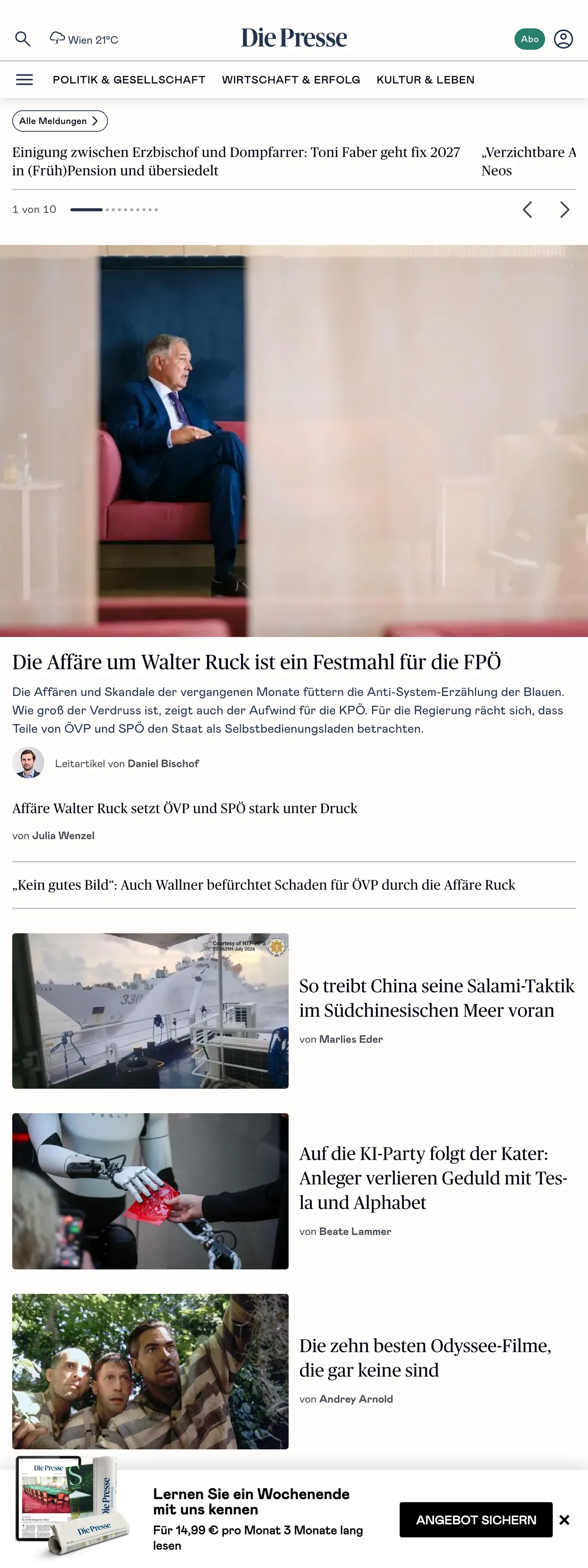 Screenshot of the Die Presse front page