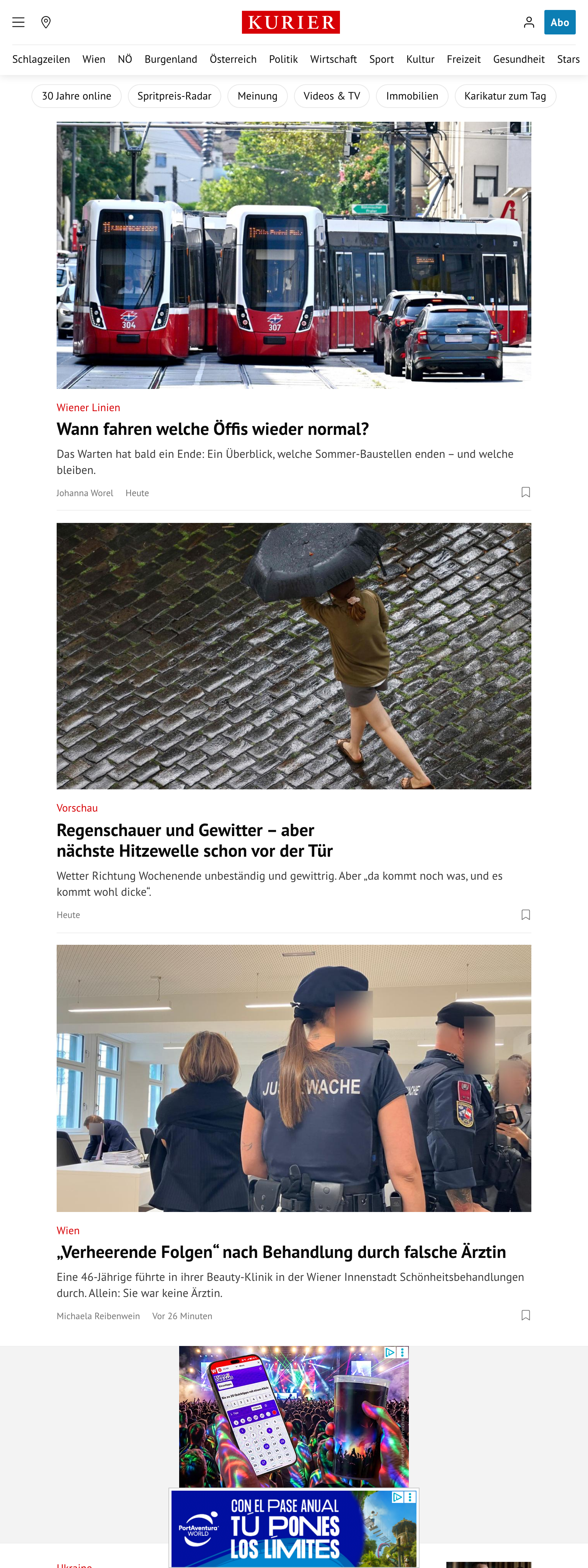 Screenshot of the Kurier front page