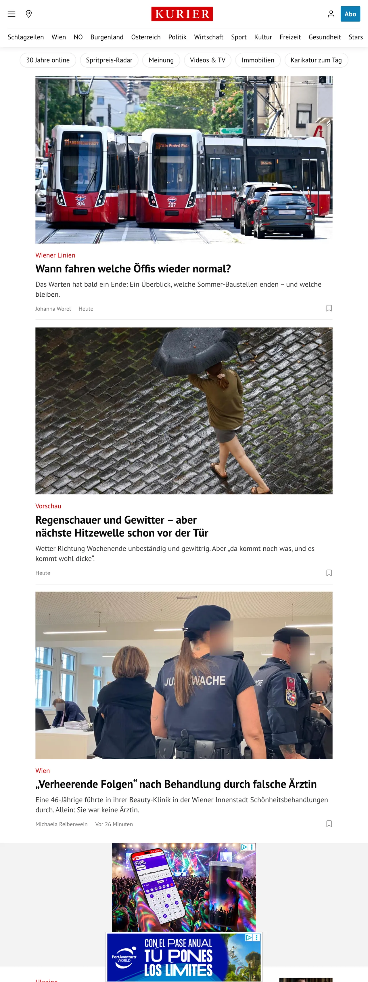Screenshot of the Kurier front page