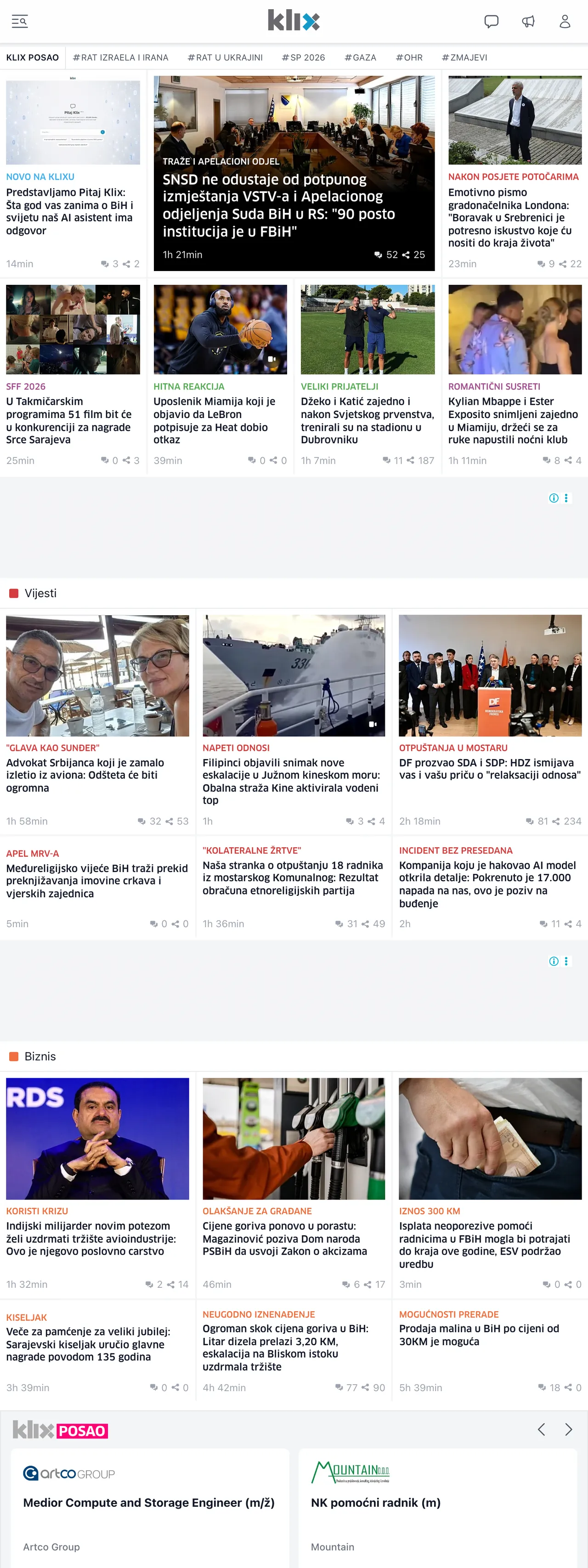 Screenshot of the Klix.ba front page