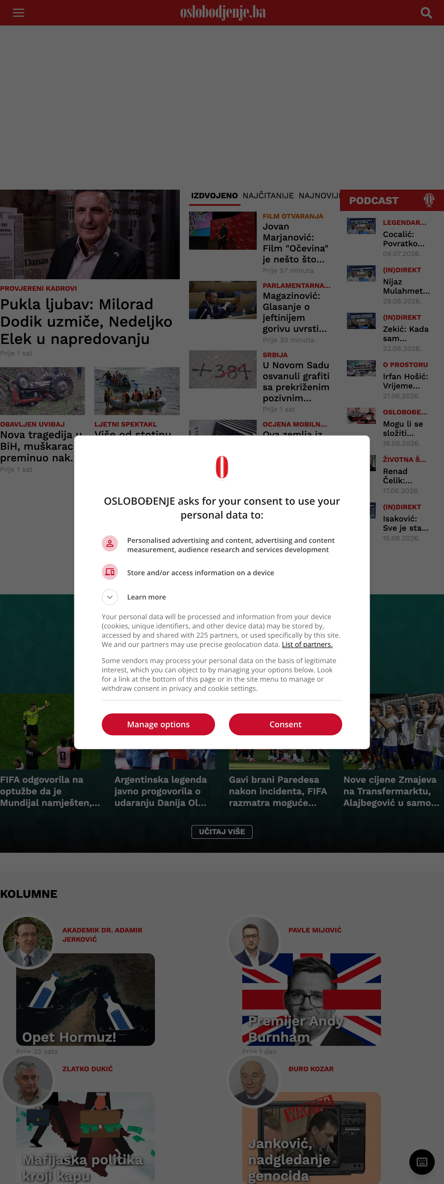 Screenshot of the Oslobođenje front page