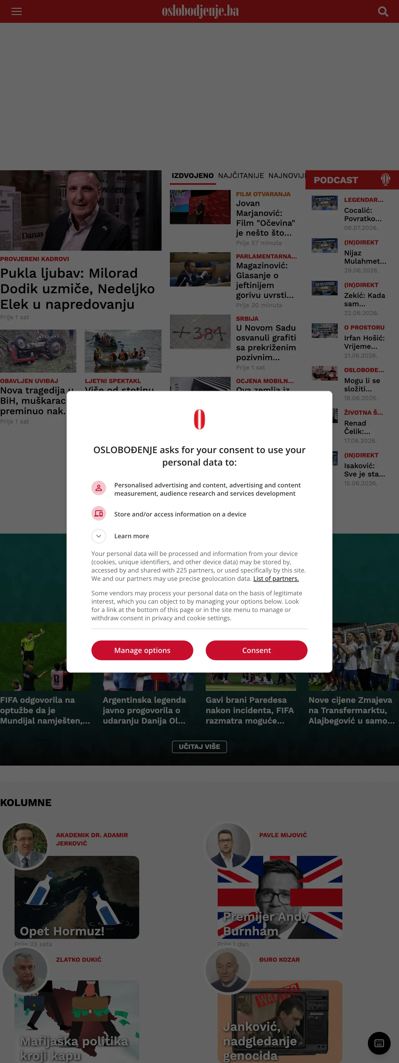 Screenshot of the Oslobođenje front page
