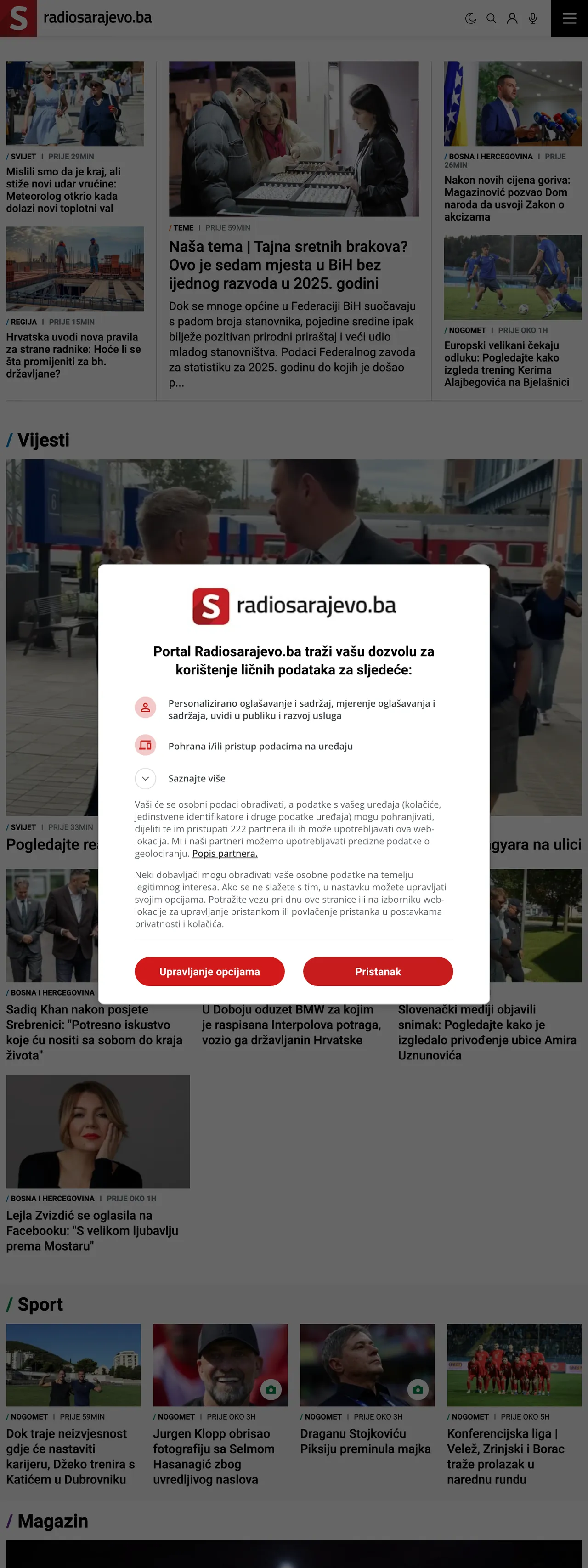 Screenshot of the Radio Sarajevo front page