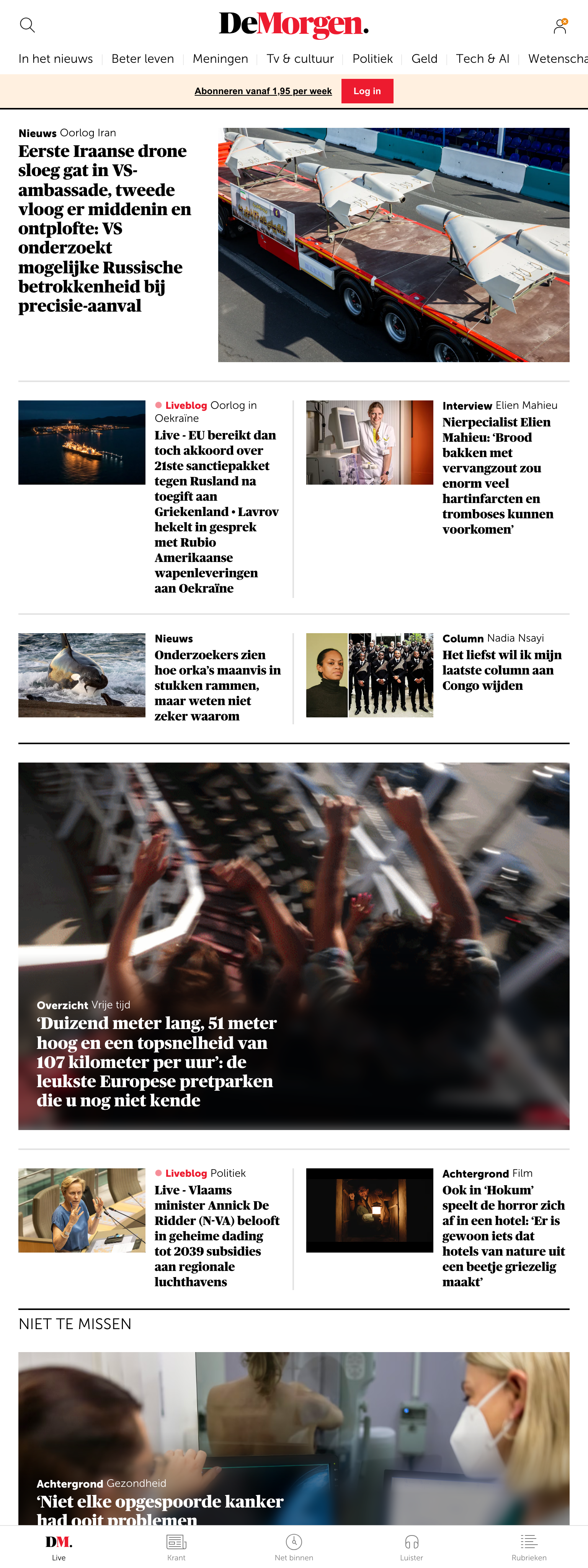 Screenshot of the De Morgen front page