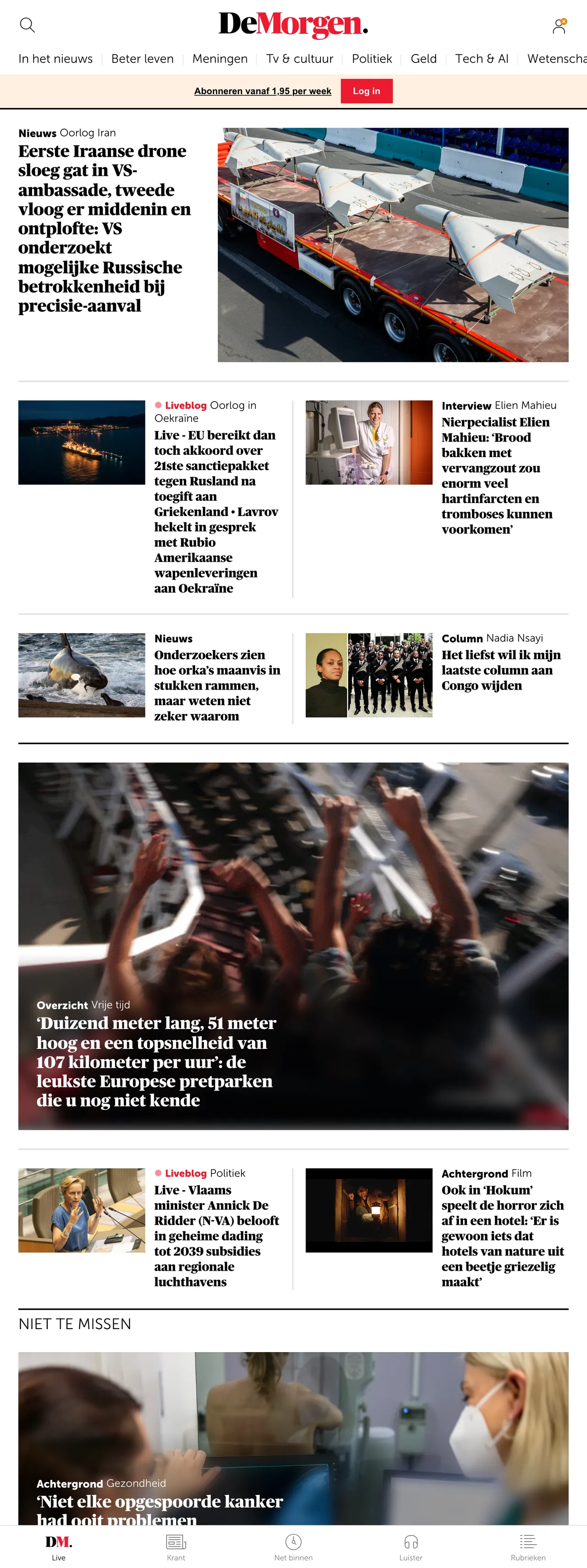 Screenshot of the De Morgen front page