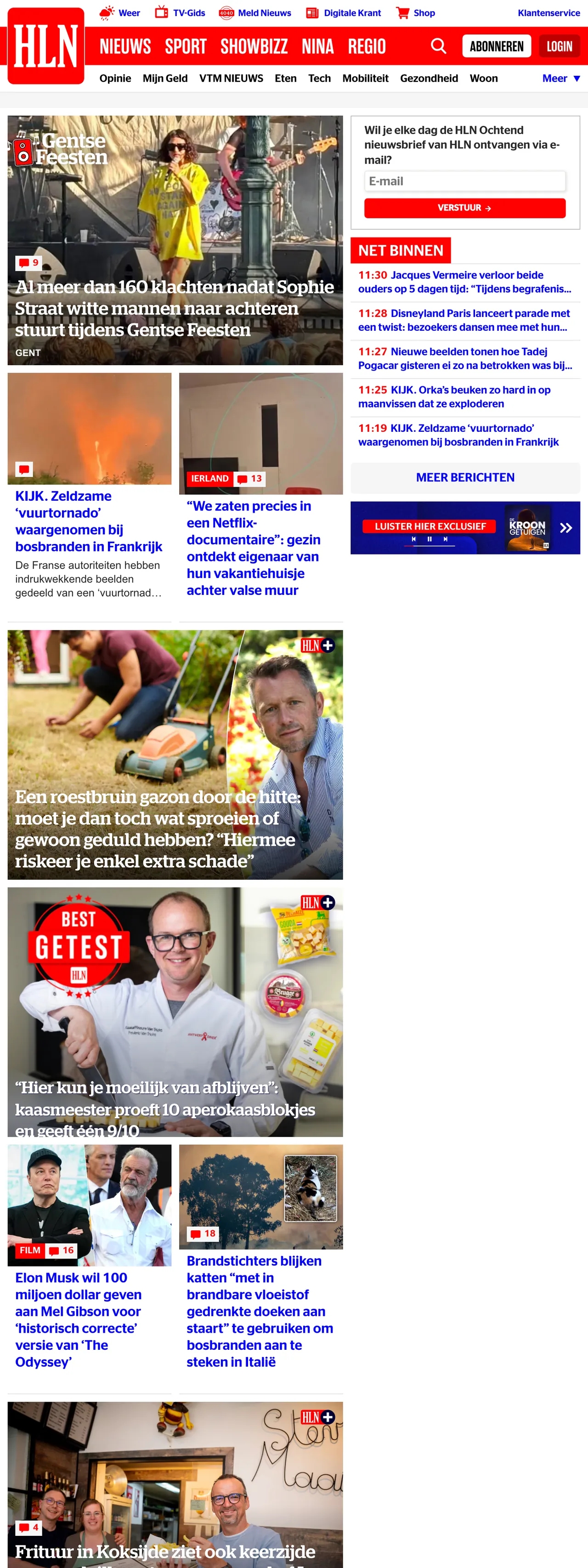 Screenshot of the HLN front page
